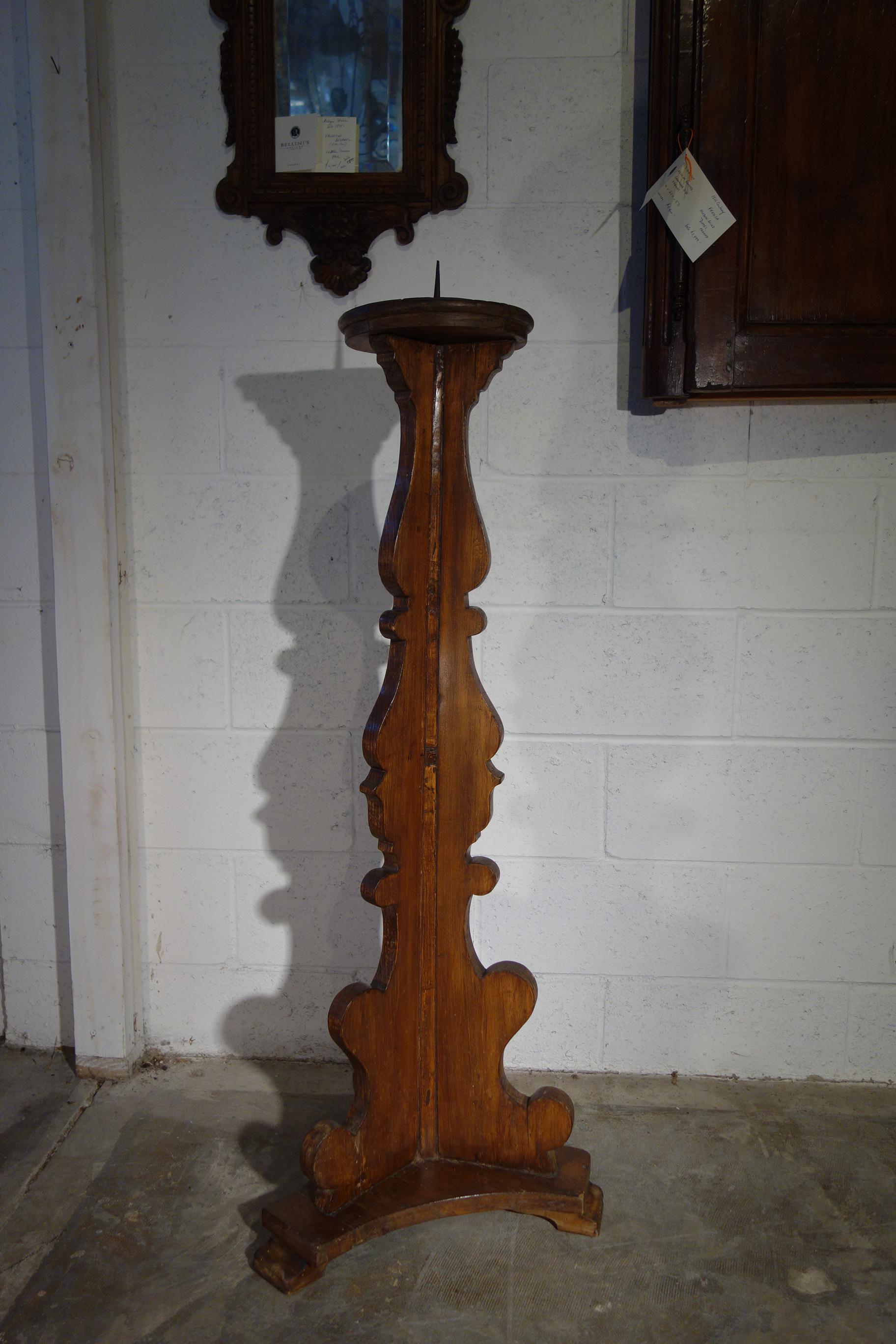 Hand-Crafted 19th Century Italian Tuscan Single Hand Carved Wood Renaissance Candelabra For Sale