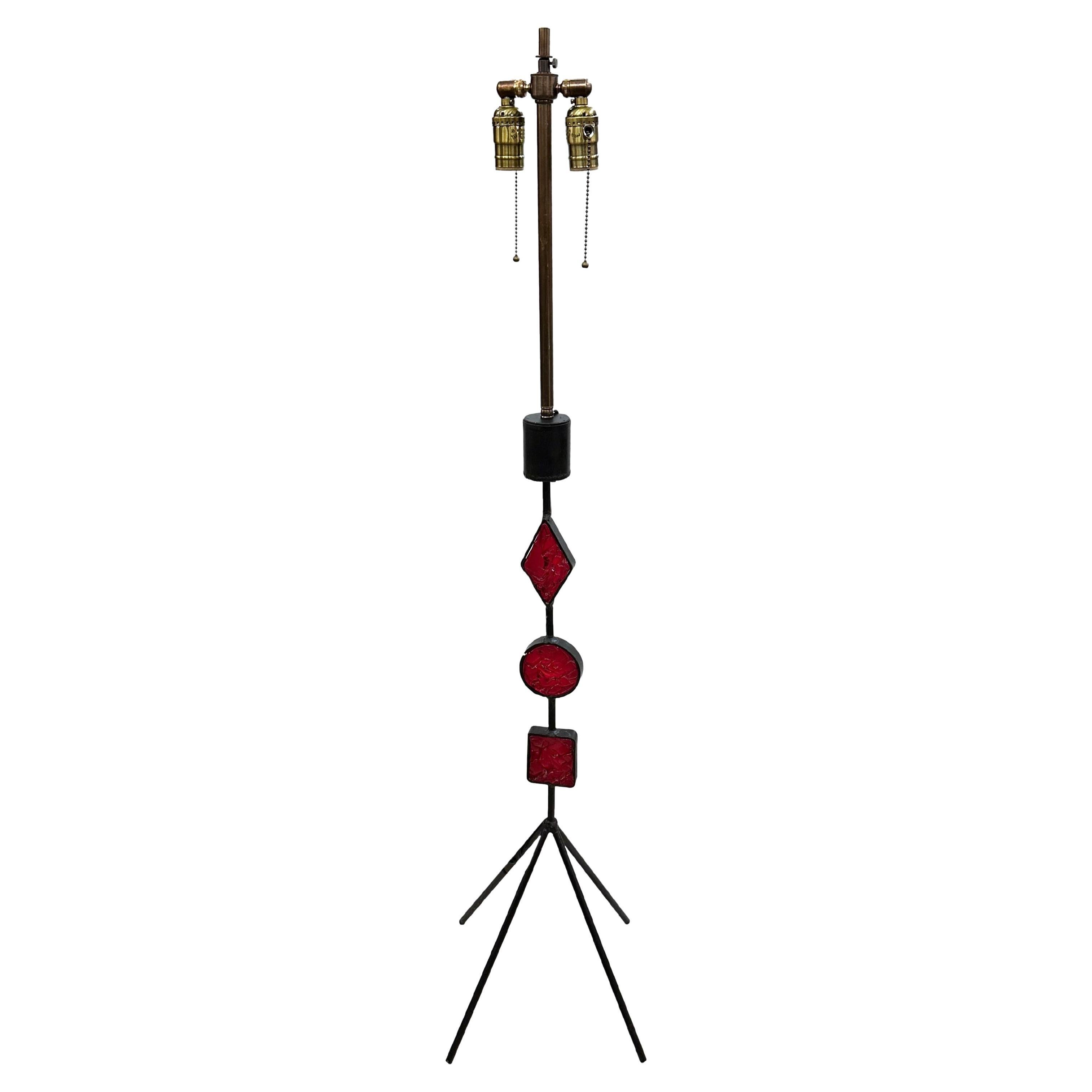Single Wrought Iron Lamp with Red Glass Insets 