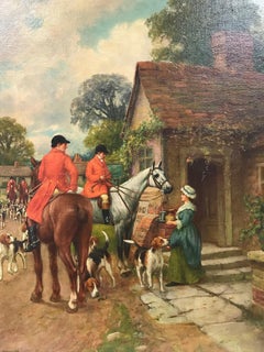 Fine chasseuse à l'huile victorienne à cheval devant la taverne du village avec chiens