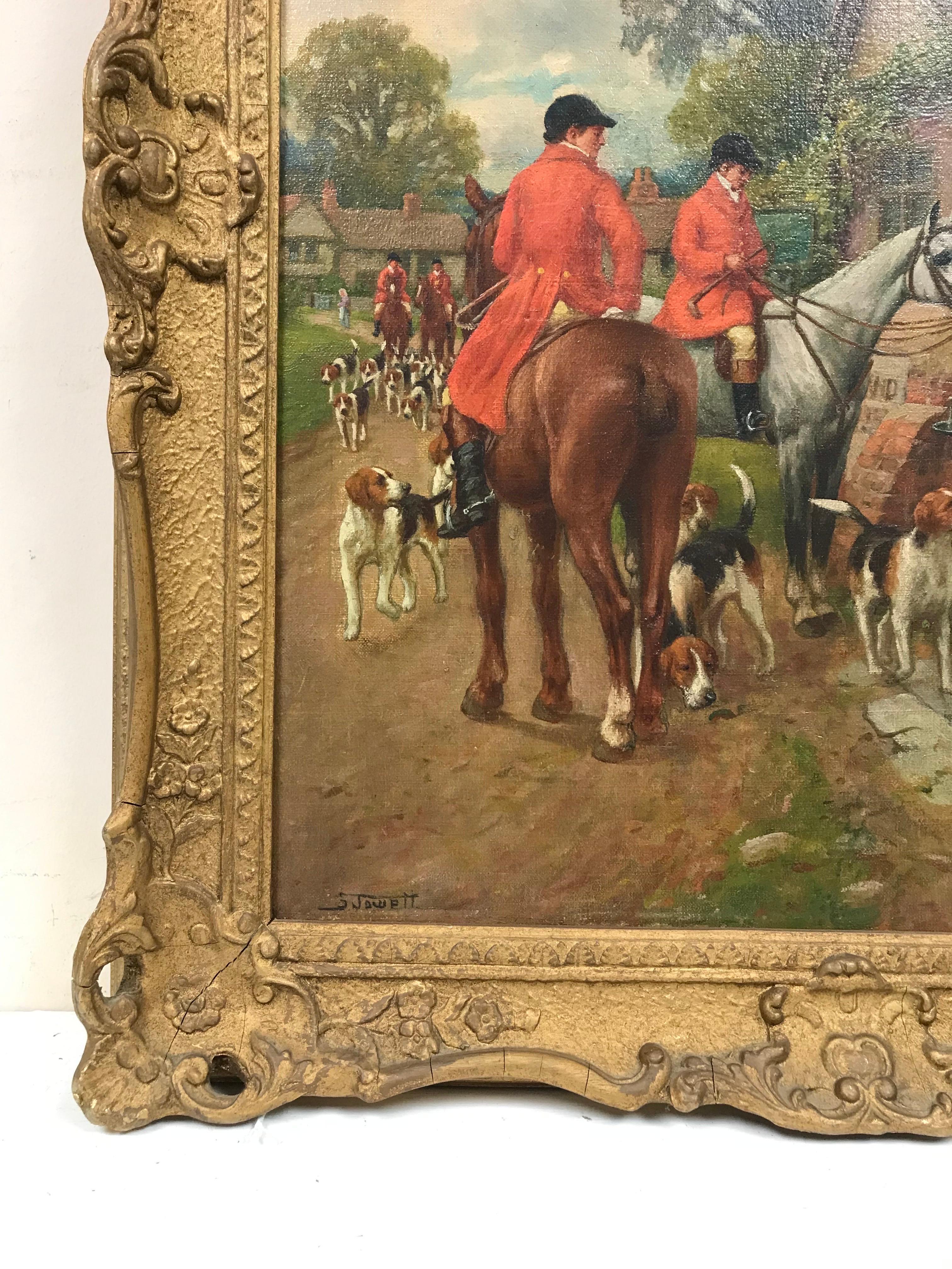 Fine chasseuse à l'huile victorienne à cheval devant la taverne du village avec chiens - Victorien Painting par Singleton Jowett (1878–1927)