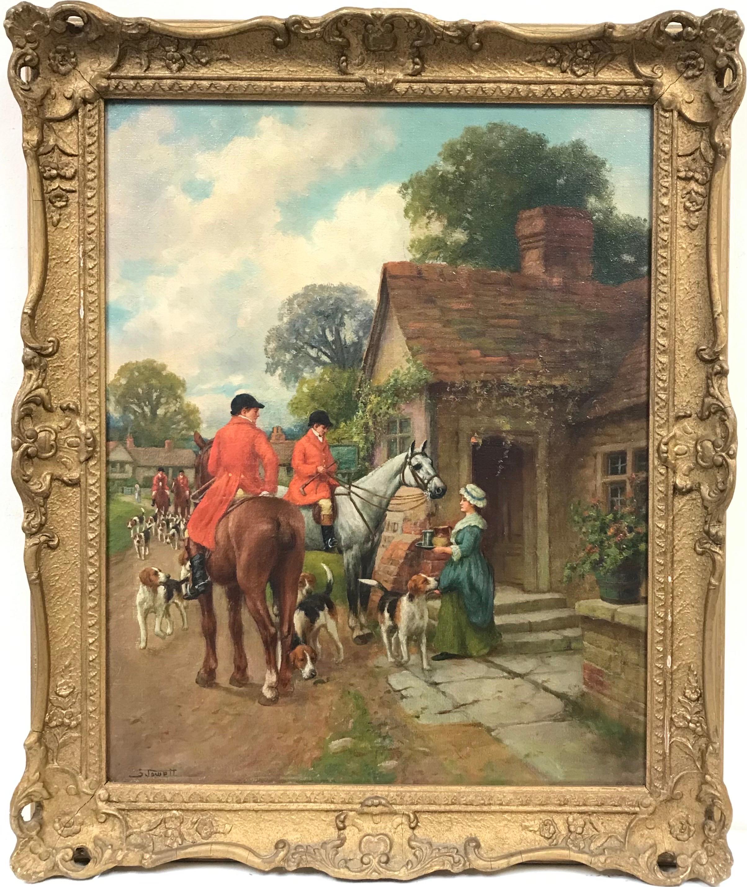 Figurative Painting Singleton Jowett (1878–1927) - Fine chasseuse à l'huile victorienne à cheval devant la taverne du village avec chiens