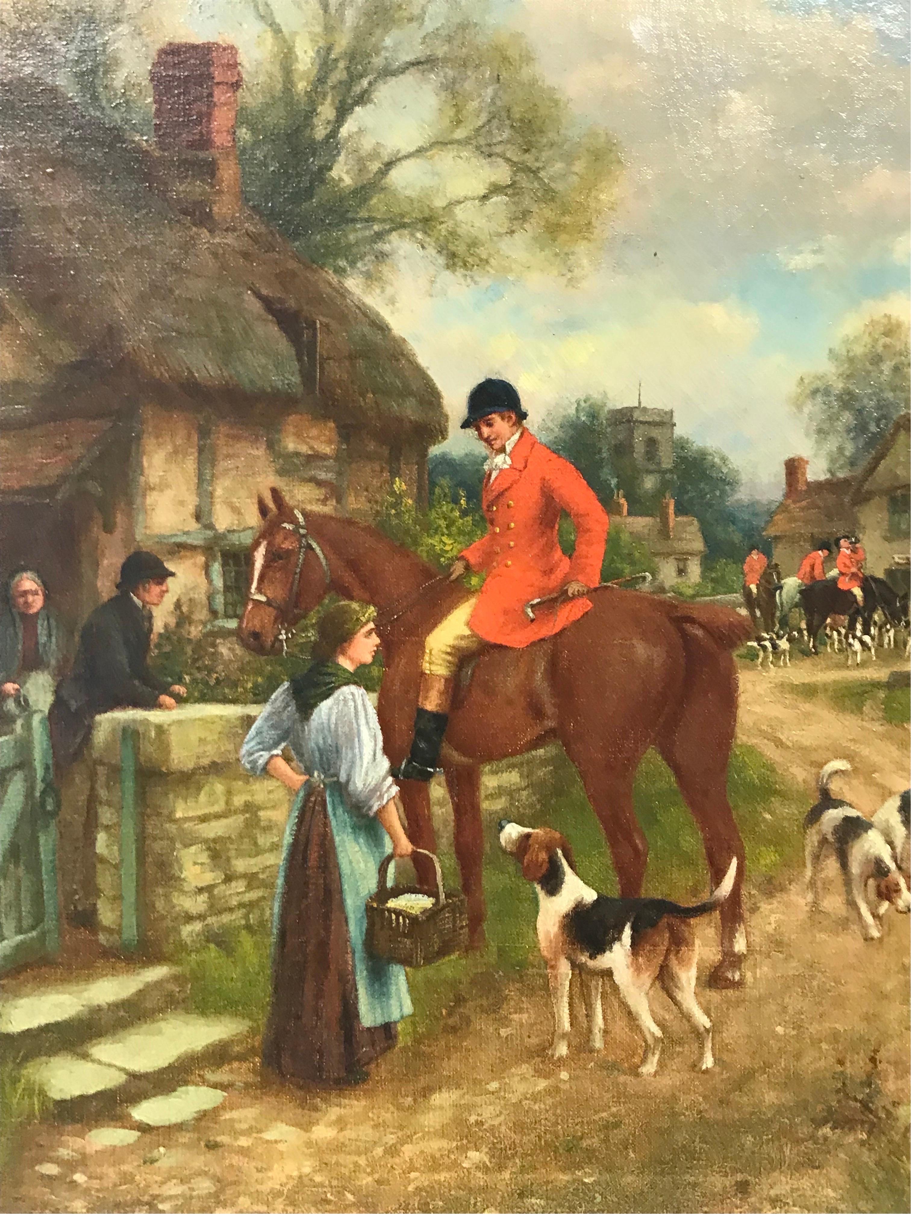 Fino óleo victoriano Cazador hablando con lechera en Village Lane, Hounds - Painting Victoriano de Singleton Jowett (1878–1927)