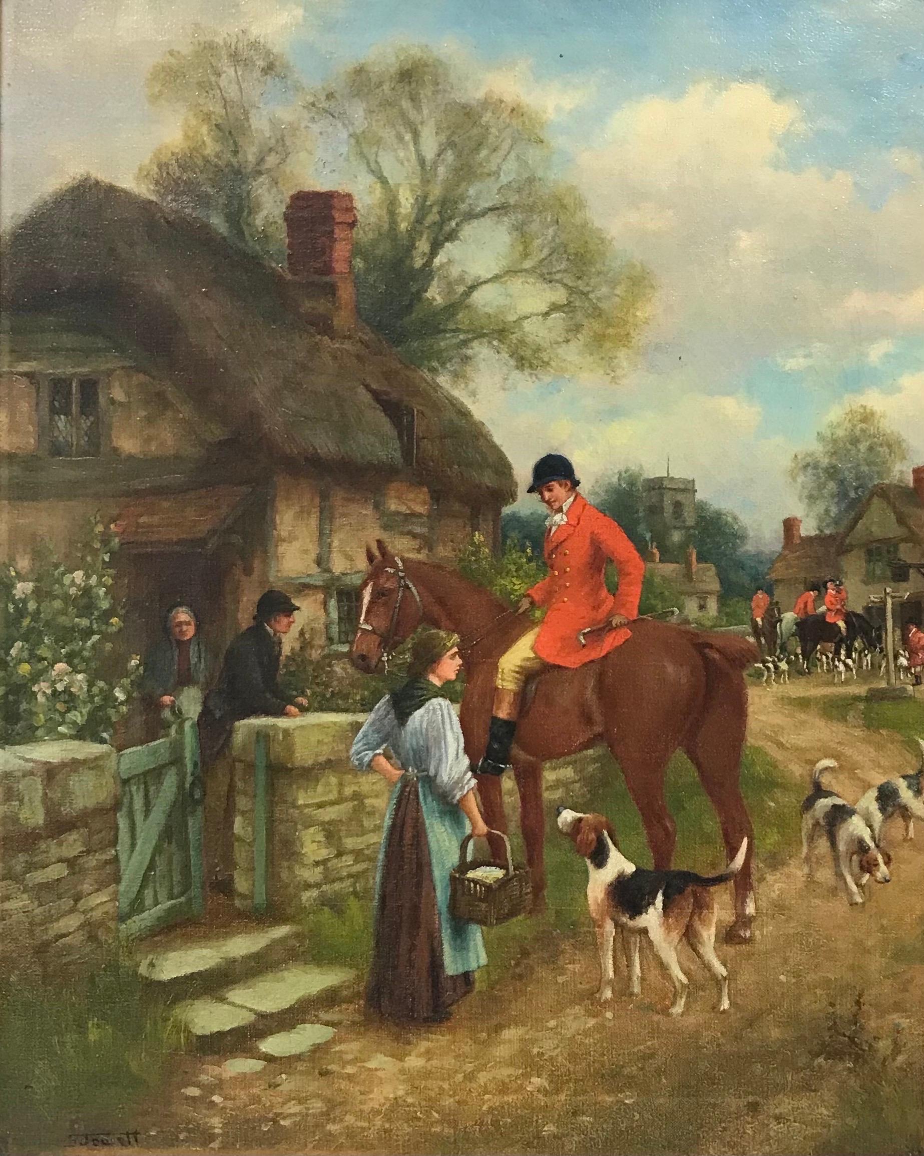Singleton Jowett (1878–1927) Animal Painting - Fine Victorian Oil Painting Huntsman Talking to Milkmaid in Village Lane, Hounds