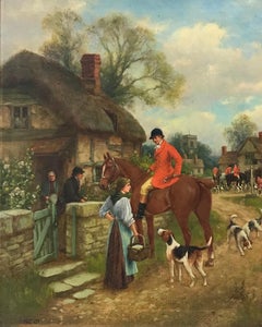 Antique Fine Victorian Oil Painting Huntsman Talking to Milkmaid in Village Lane, Hounds