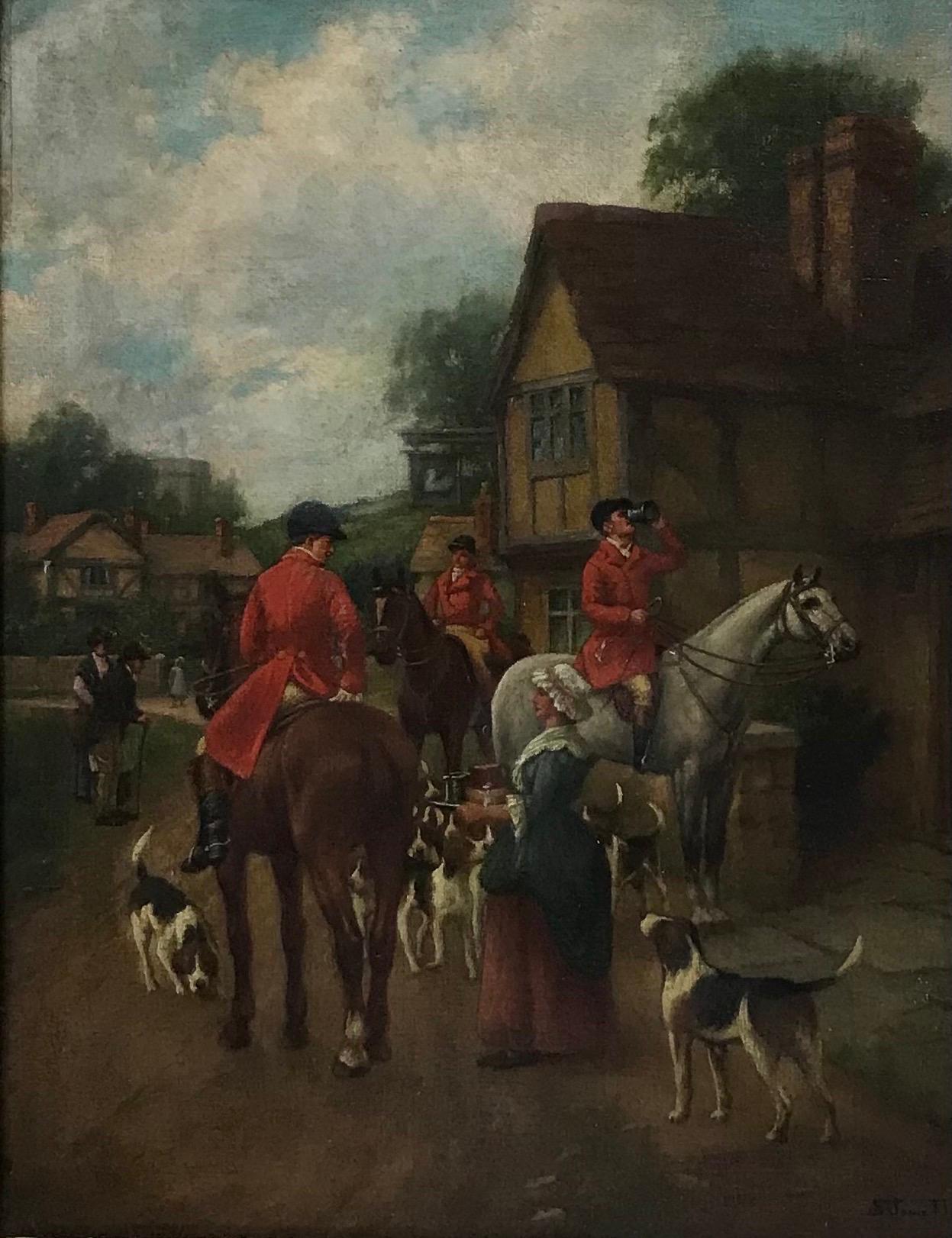Singleton Jowett (1878–1927) Animal Painting - Fine Victorian Signed Oil Huntsman & Hounds taking Refreshments Village Tavern