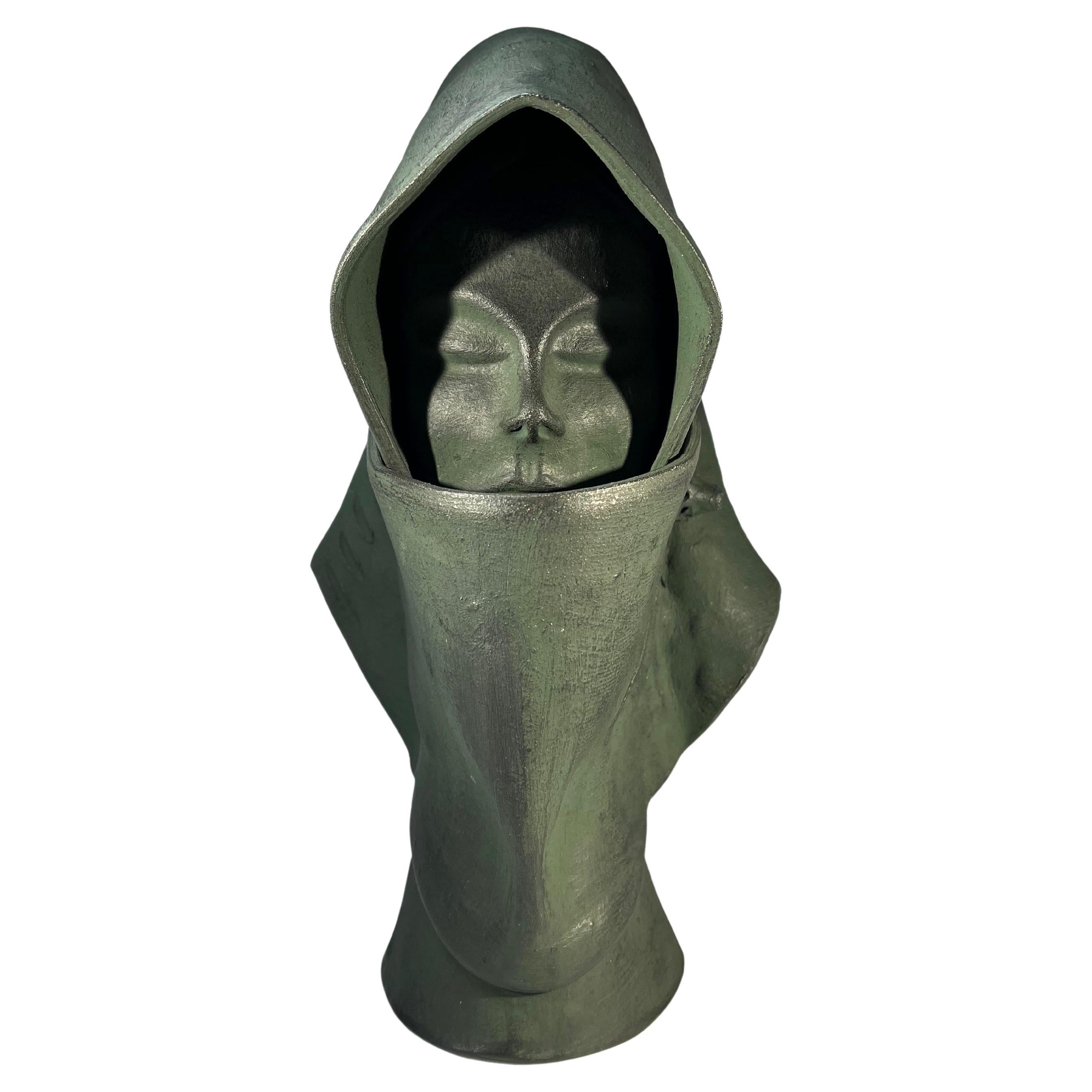 Singularly Intriguing Clay Bust Of A Cloaked Woman
