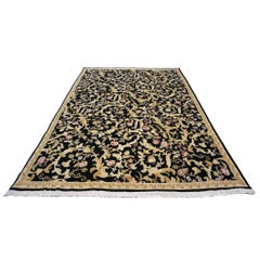 Sino-Persische Savonnerie Wolle & Seide 9x12 Schwarz & Elfenbein Handgefertigter Flächenteppich