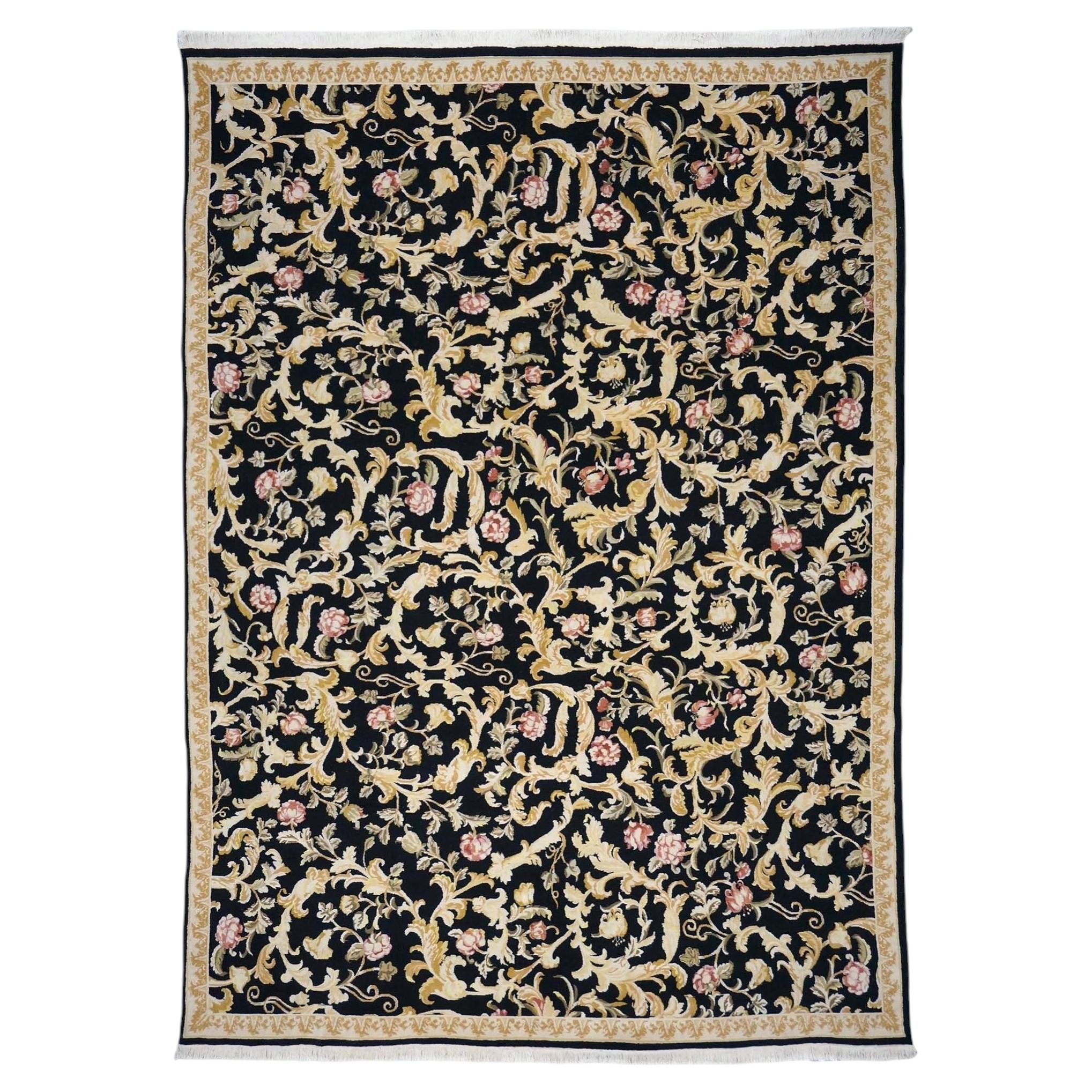 Sino-Persian Savonneri Wool & Silk 9x12 Black & Ivory Handmade Area Rug For Sale