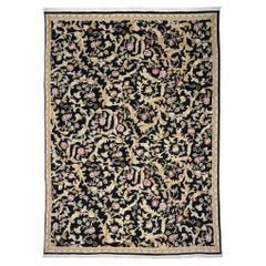 Sino-Persische Savonnerie Wolle & Seide 9x12 Schwarz & Elfenbein Handgefertigter Flächenteppich