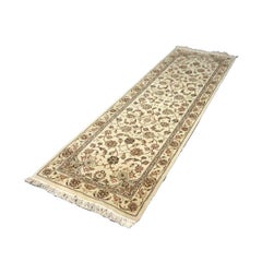 Tapis de course sino-persan Tabriz en laine et soie 3x8 ivoire et noir fait à la main