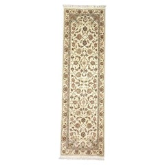 Tapis de course sino-persan Tabriz en laine et soie 3x8 ivoire et noir fait à la main