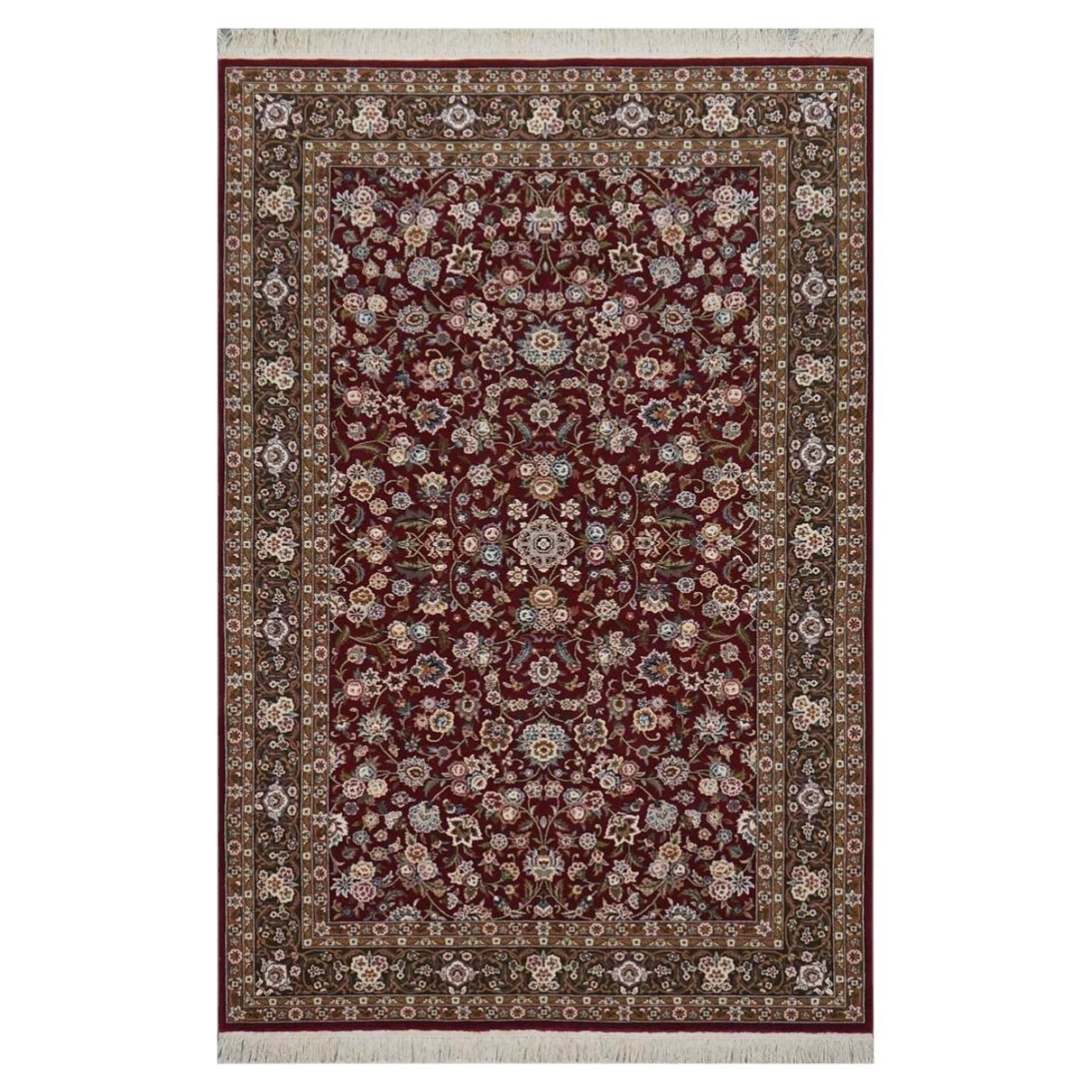 Sino-Persian Tabriz Wool & Silk 6x9 Maroon & Olive Green Handmade Area Rug For Sale
