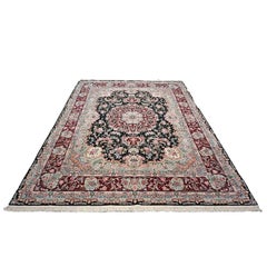Tabriz Sino-Persa Alfombra de lana y seda 8x10 roja, marfil y negra hecha a mano
