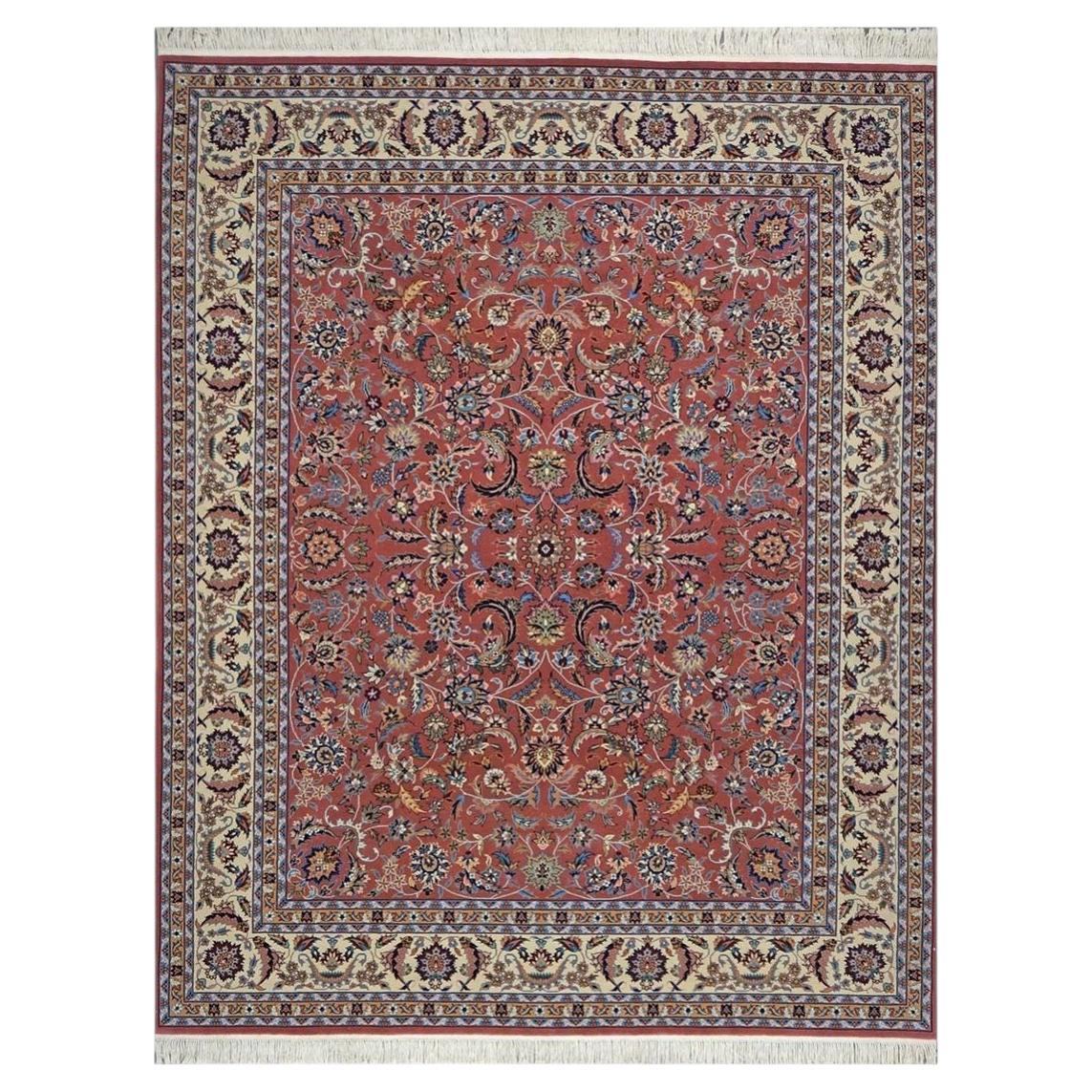 Sino-Persian Tabriz Wool & Silk 8x10 Salmon & Ivory Handmade Area Rug