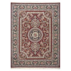 Sino-Persian Tabriz Wool & Silk 9x12 Red & Navy Handmade Area Rug