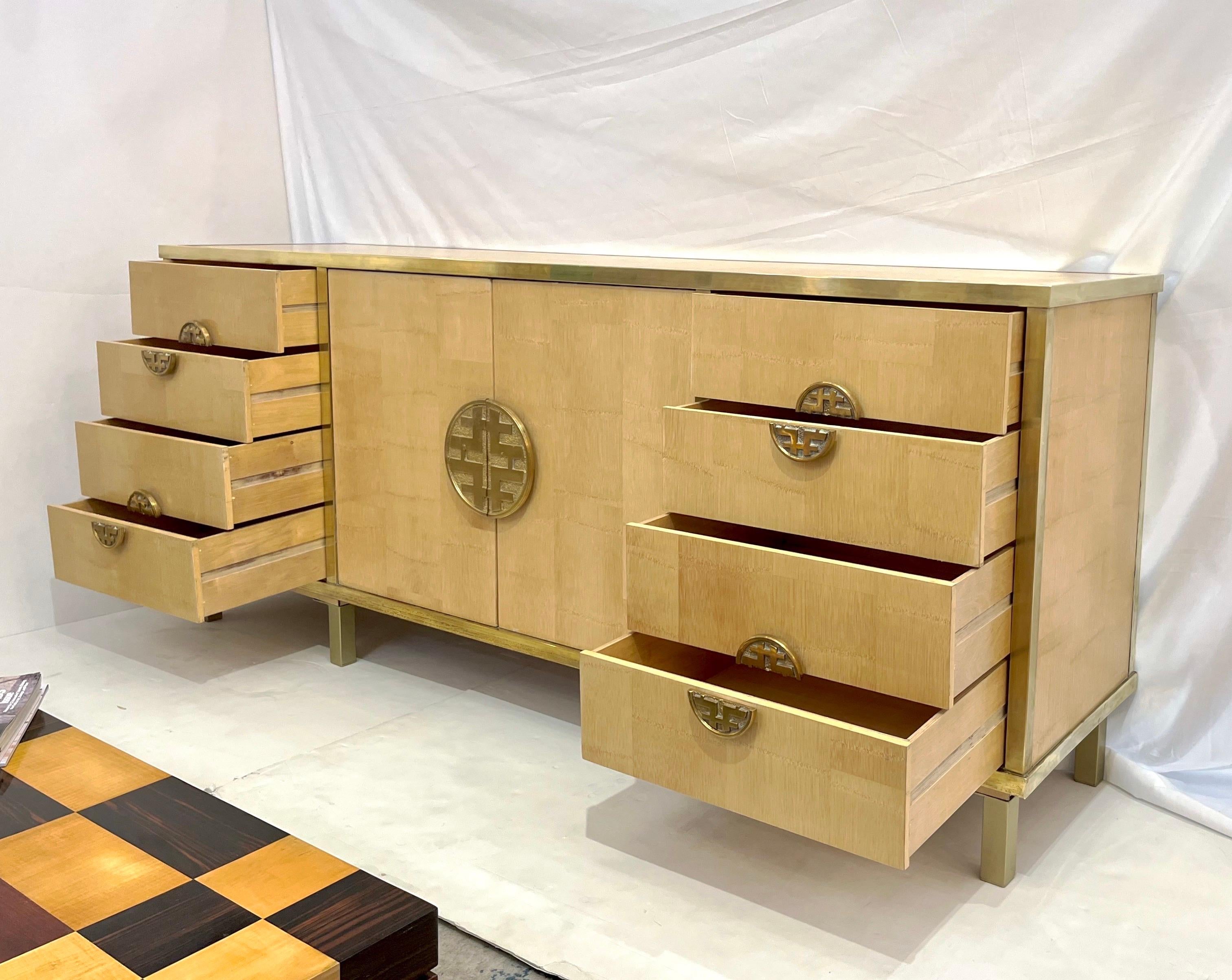 Hand-Crafted Sinopoli 1970s Italian Back Finished Asian Style Brass Bamboo Sideboard/Cabinet For Sale