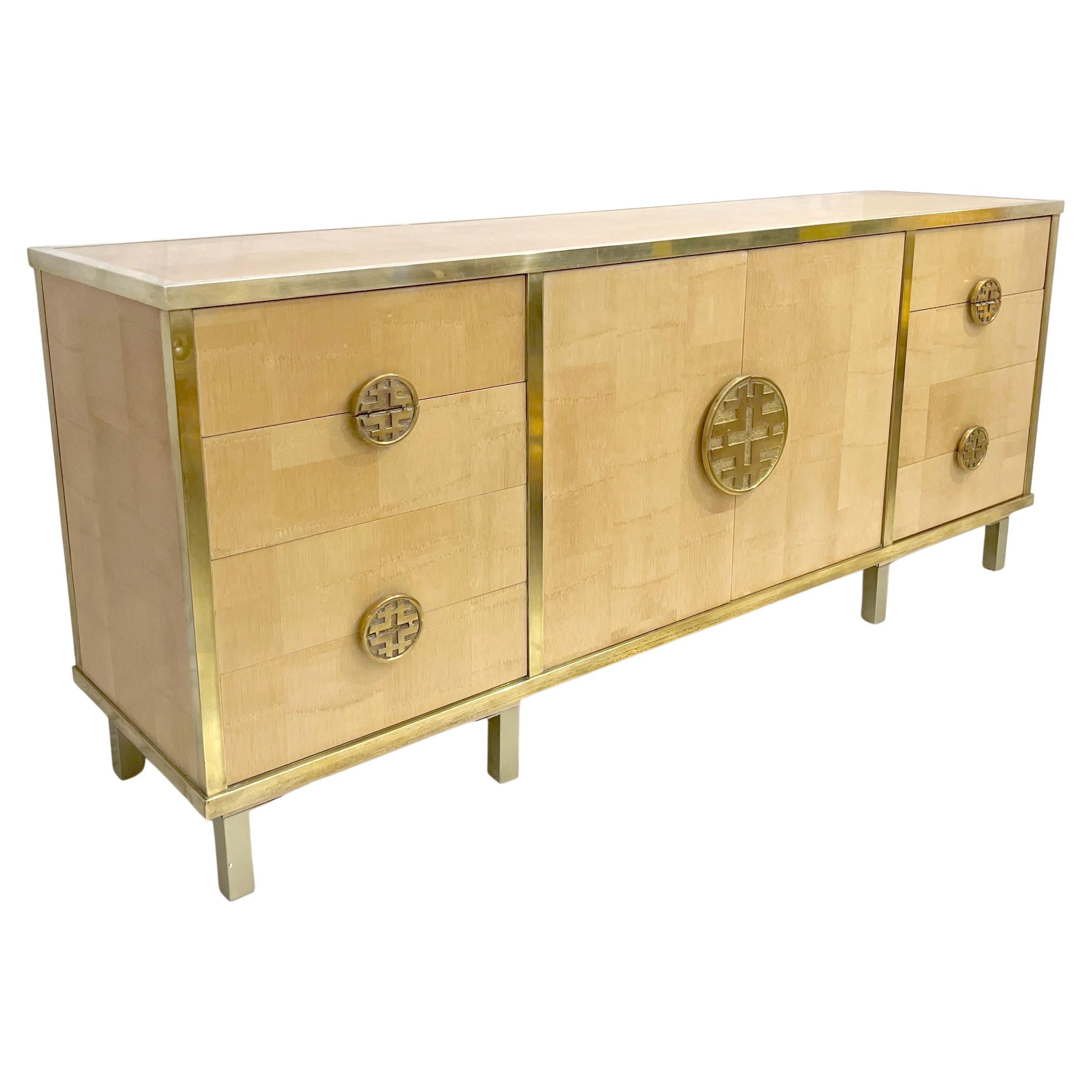 Sinopoli 1970 Italian Back Finished Asian Style Brass Bamboo Sideboard/Cabinet