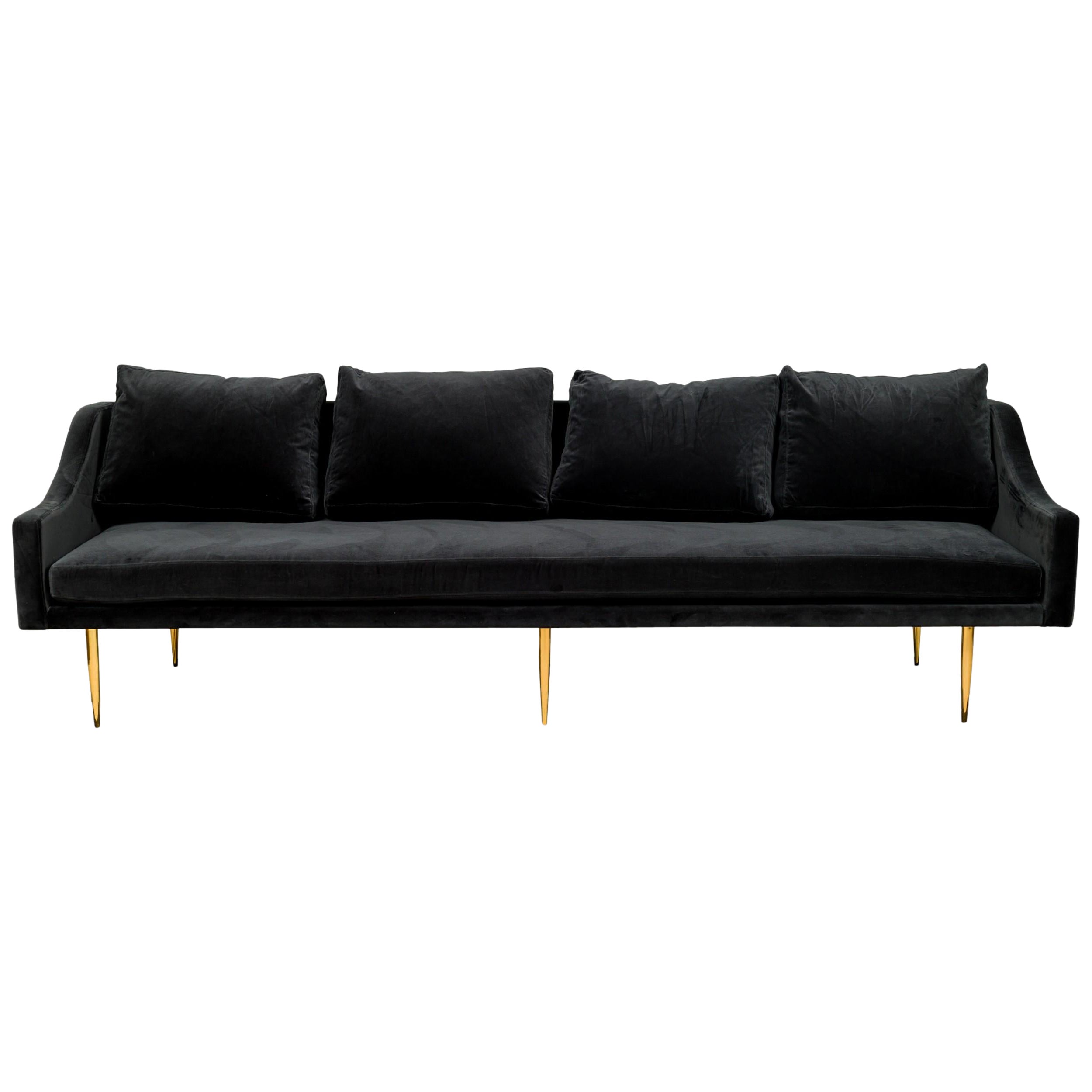 "Sintra" Contemporary Modern Charcoal Gray Velvet and Polished Bronze Sofa im Angebot