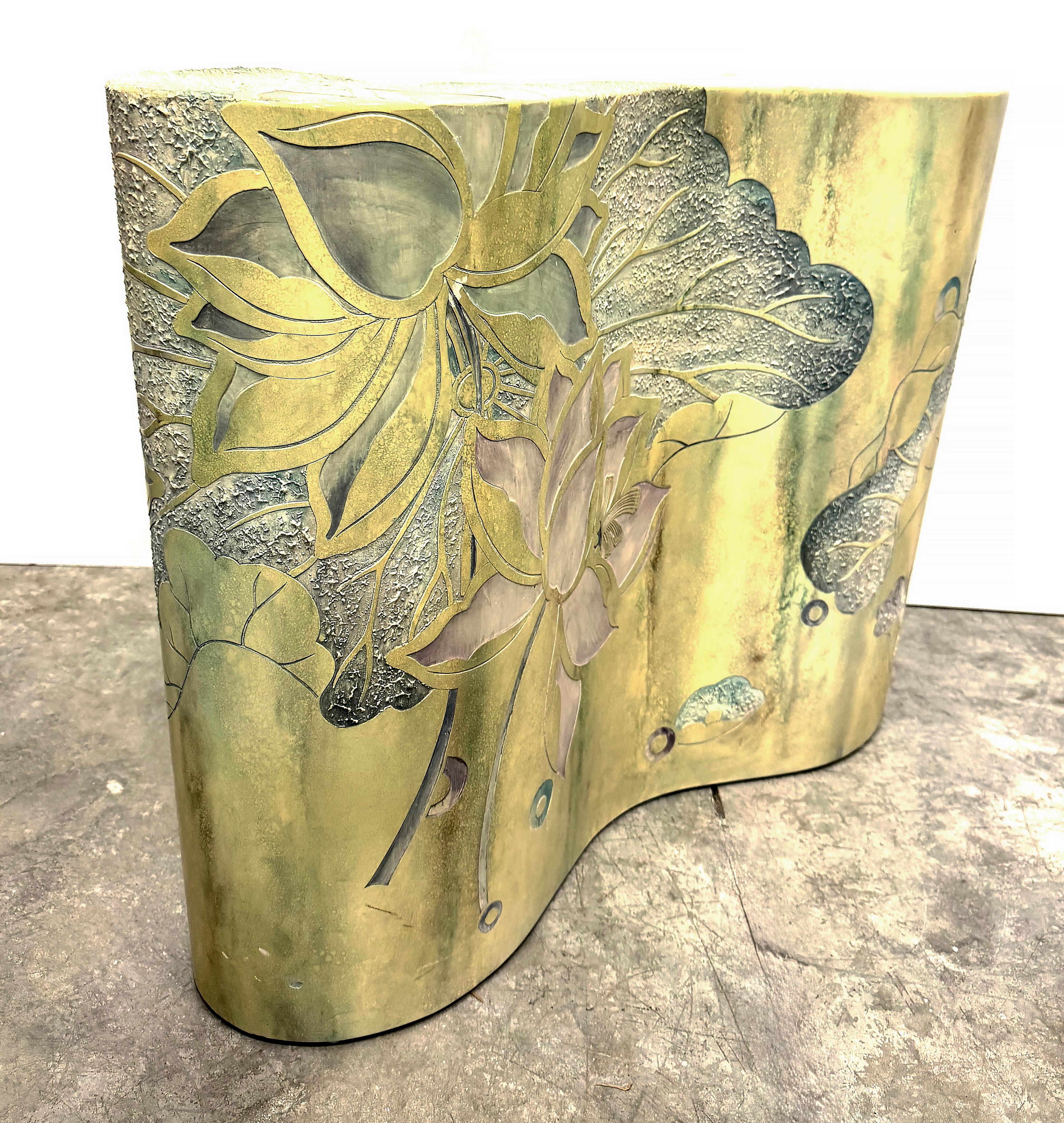 Organique Table console biomorphe sinueuse en bois courbé, détails peints floraux asiatiques en vente