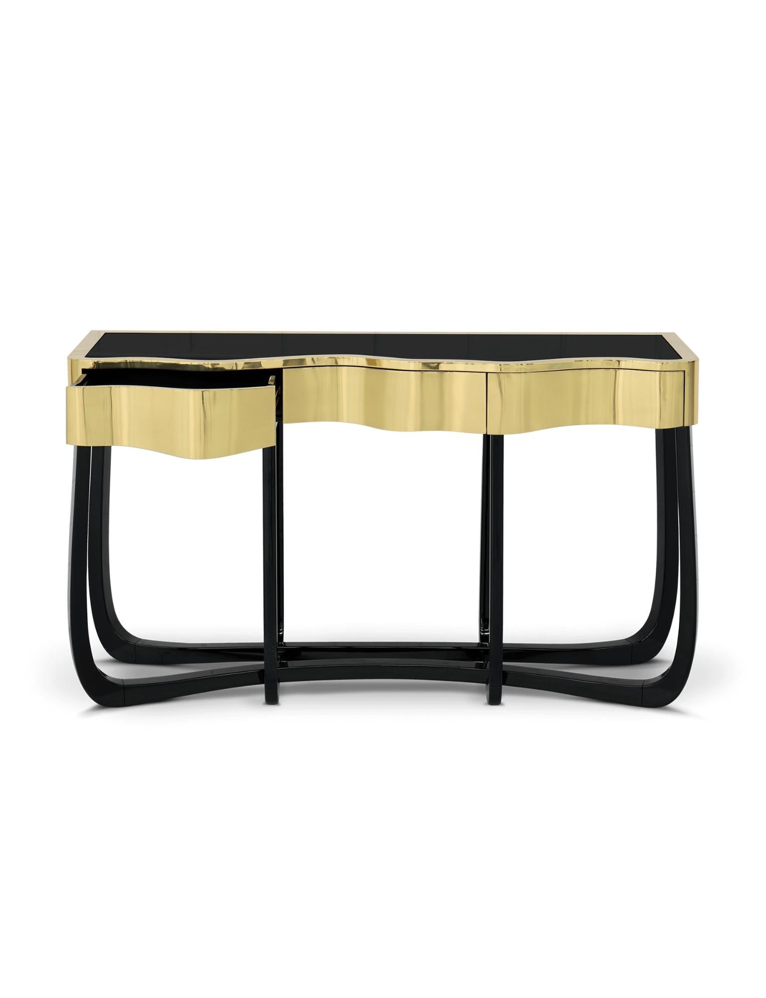 Portuguese Sinuous Gold Console  - Hand-Crafted Brass & Veneer - Boca do Lobo For Sale