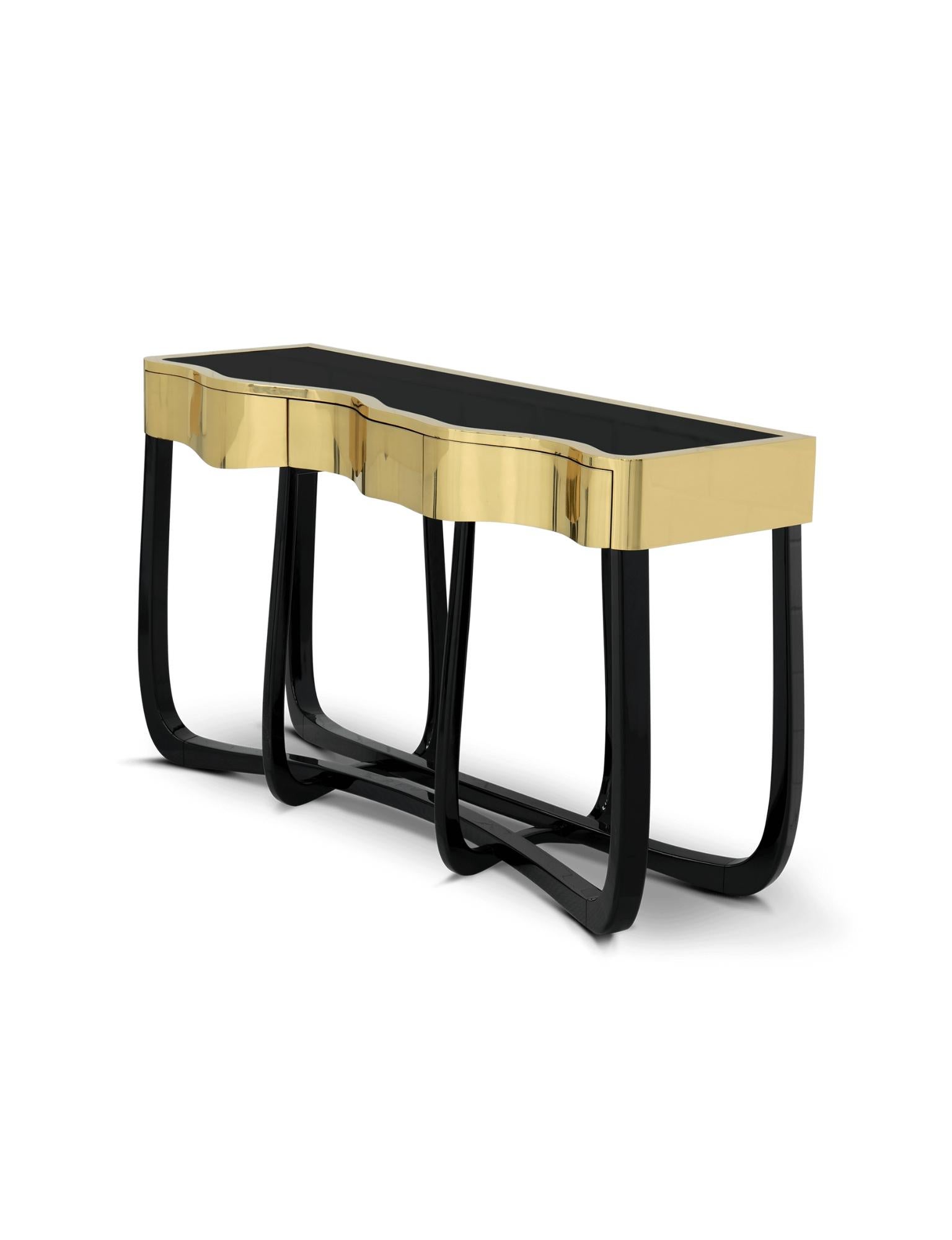 Contemporary Sinuous Gold Console  - Hand-Crafted Brass & Veneer - Boca do Lobo For Sale