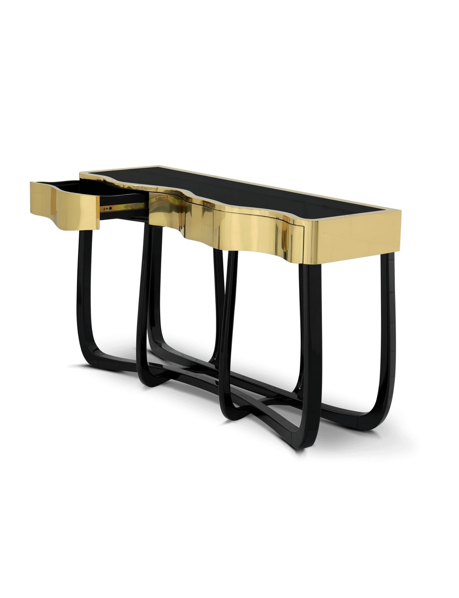 Metal Sinuous Gold Console  - Hand-Crafted Brass & Veneer - Boca do Lobo For Sale