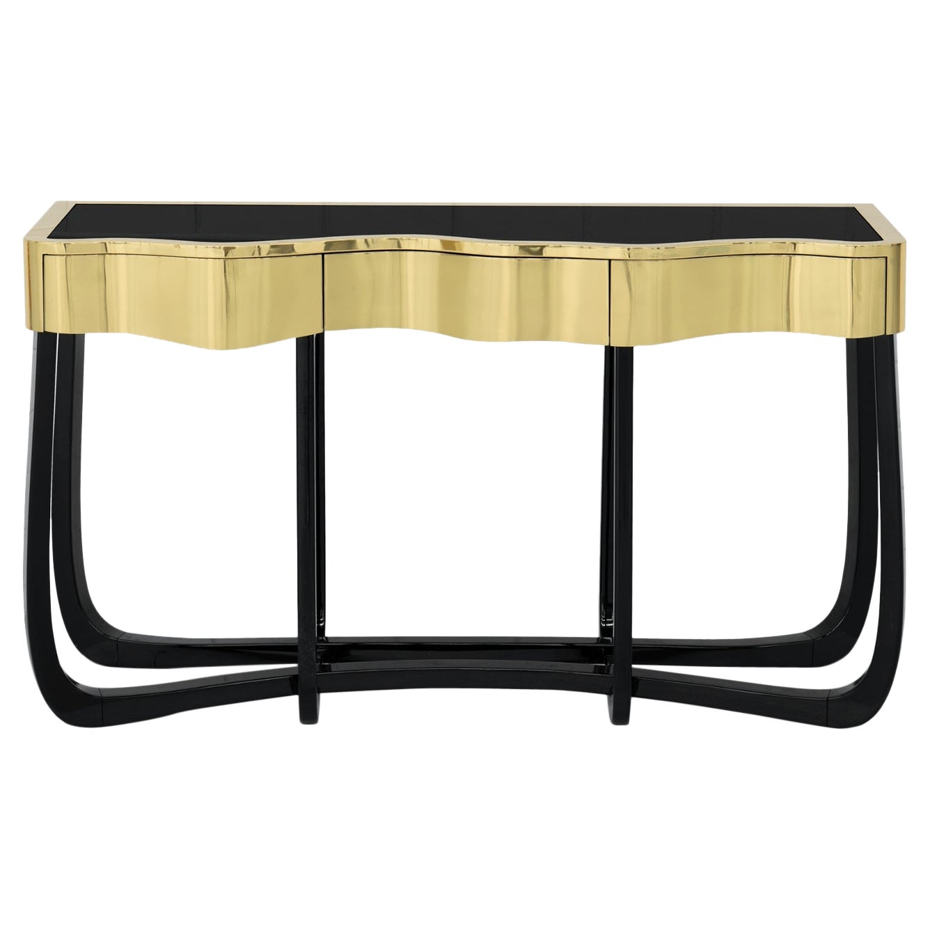 Console Sinuous Gold  - Ottone e impiallacciatura lavorati a mano - Boca Do Lobo in vendita