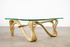 Sinuous Gold Studio Craft Cocktail Table in Solid Mahogany w Biomorphic Glass