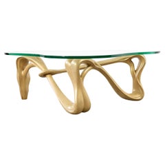 Sinuous Gold Studio Craft Cocktail Table in Solid Mahogany w Biomorphic Glass