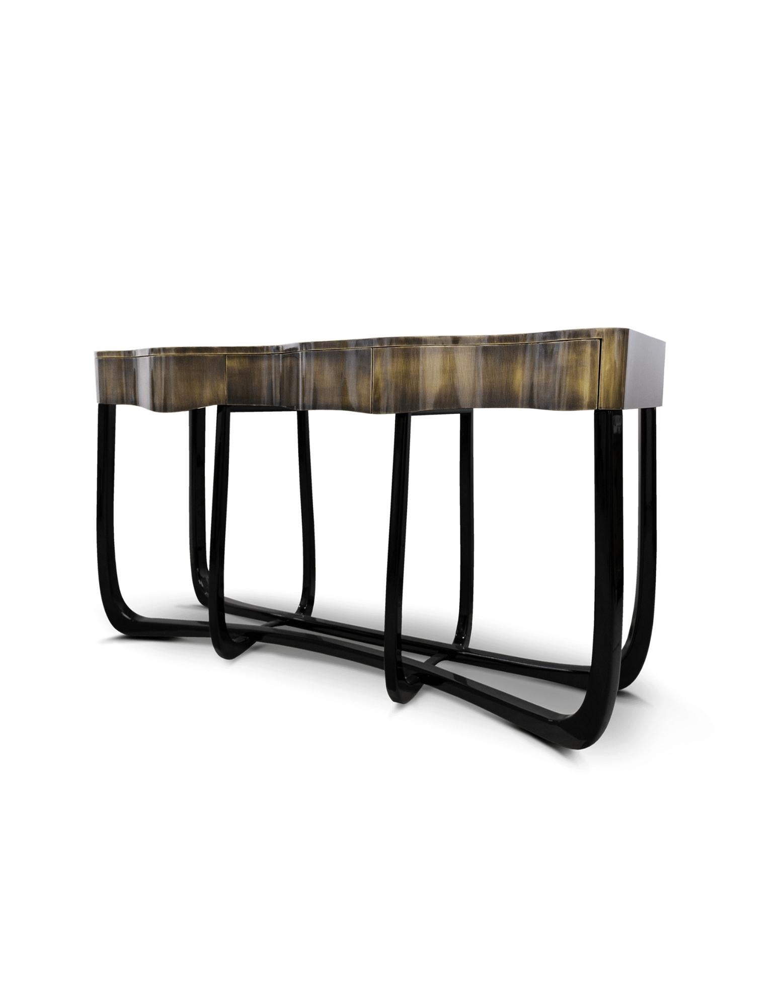 Sinuous Patina Console - Hand-Crafted Brass & Veneer - Boca do Lobo In New Condition For Sale In Rio Tinto, PT