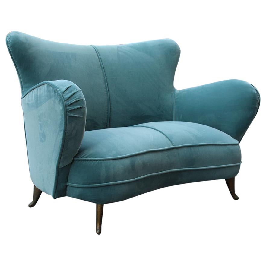 Sinuous Velvet Turquoise Sofa Midcentury Sofa Isa Bergamo Italian Design For Sale