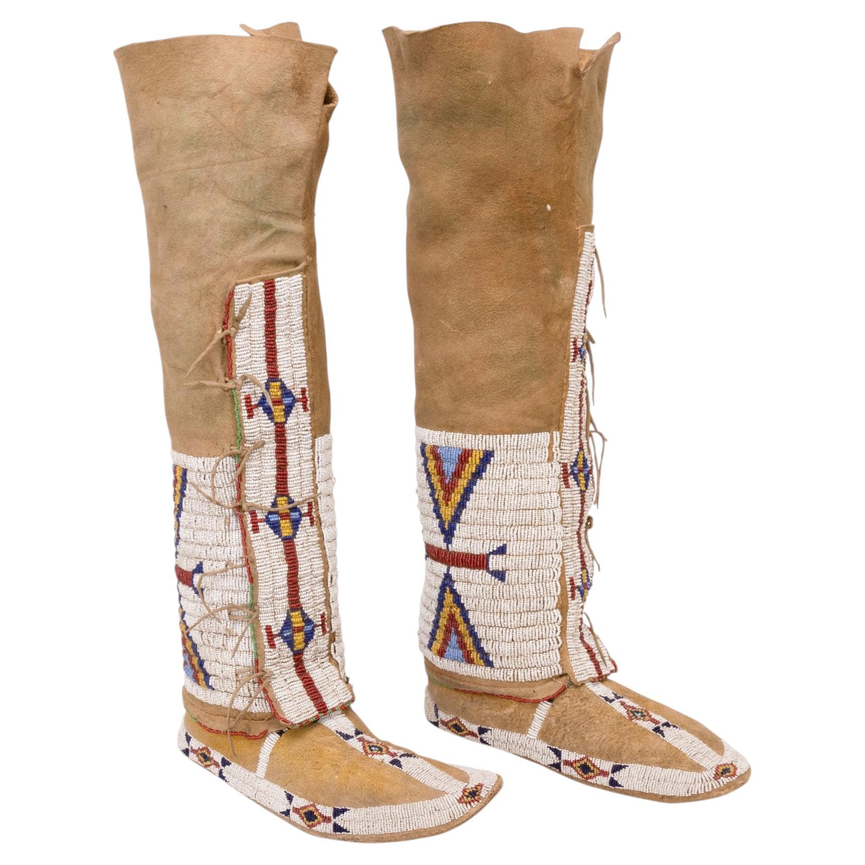 Sioux Beaded Hightop Moccasins and Leggings For Sale