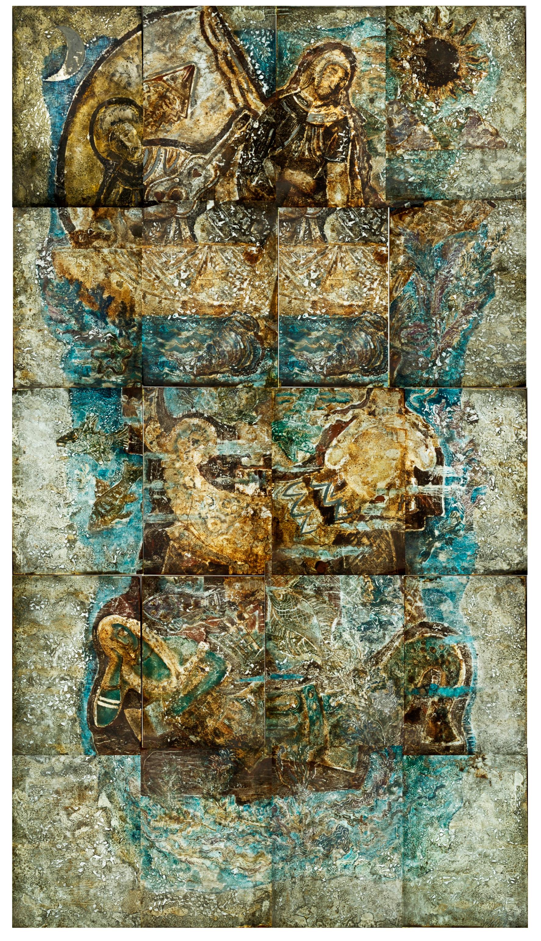 Mural composed of twenty plates of approximately 49 by 70 centimeters, glass with quicksilver technique (painted on the back), cast and painted silver leaves giving a set of textures of luminosity and finely distributed nuances. This technique makes
