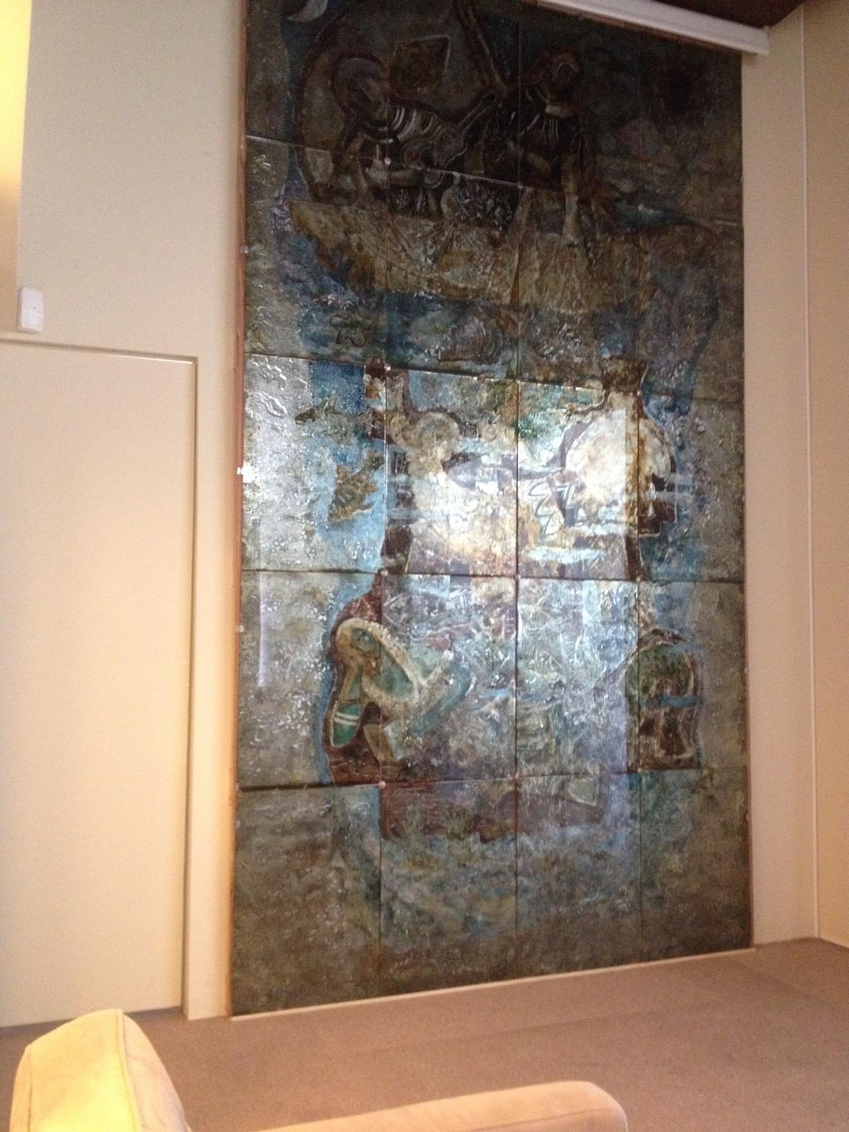 Pre-Columbian Siqueiros Glass Mural Painting Unique Piece, Mexican Muralist, 6.56 F by 11.48 F For Sale