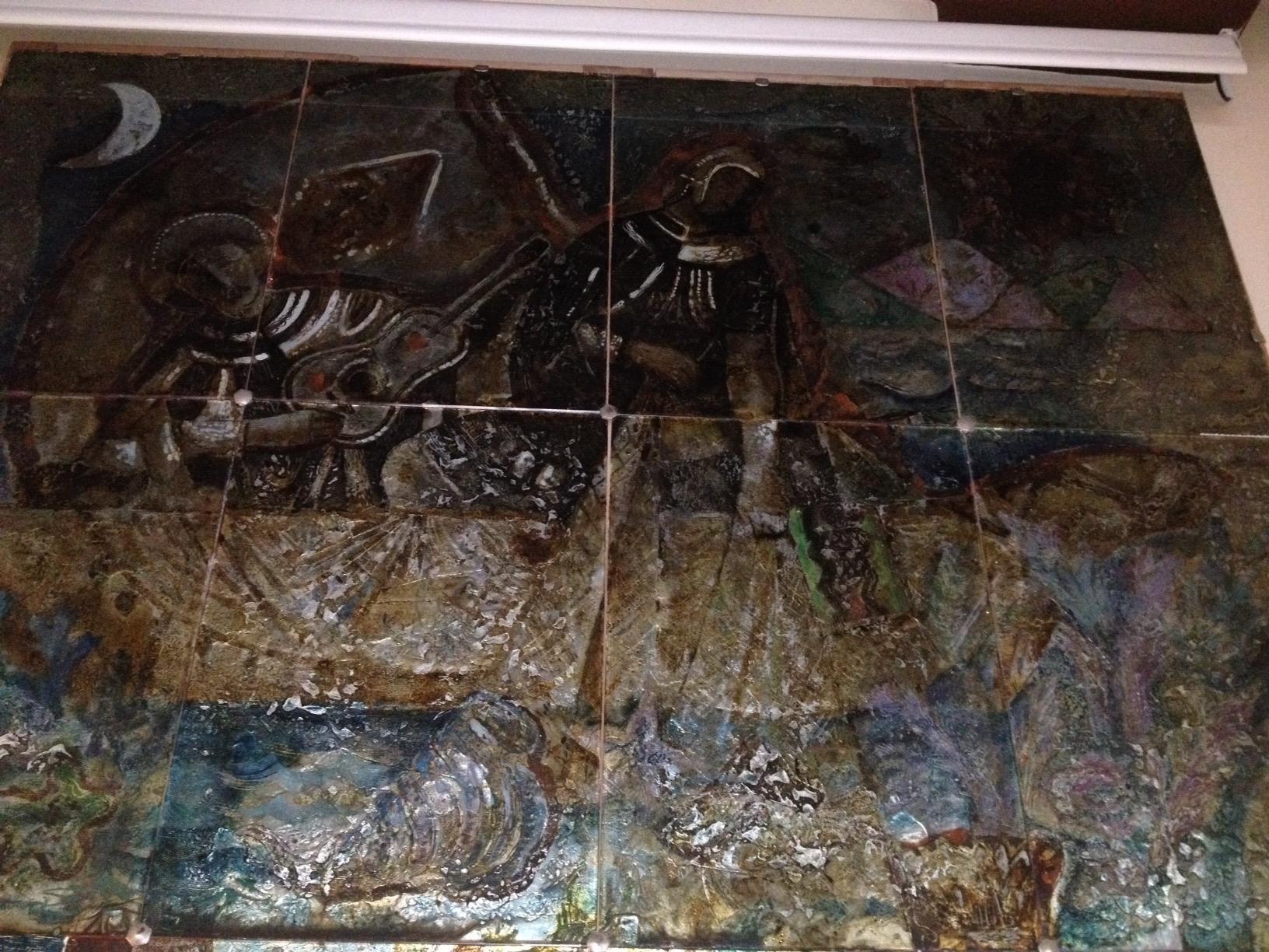Mid-20th Century Siqueiros Glass Mural Painting Unique Piece, Mexican Muralist, 6.56 F by 11.48 F For Sale