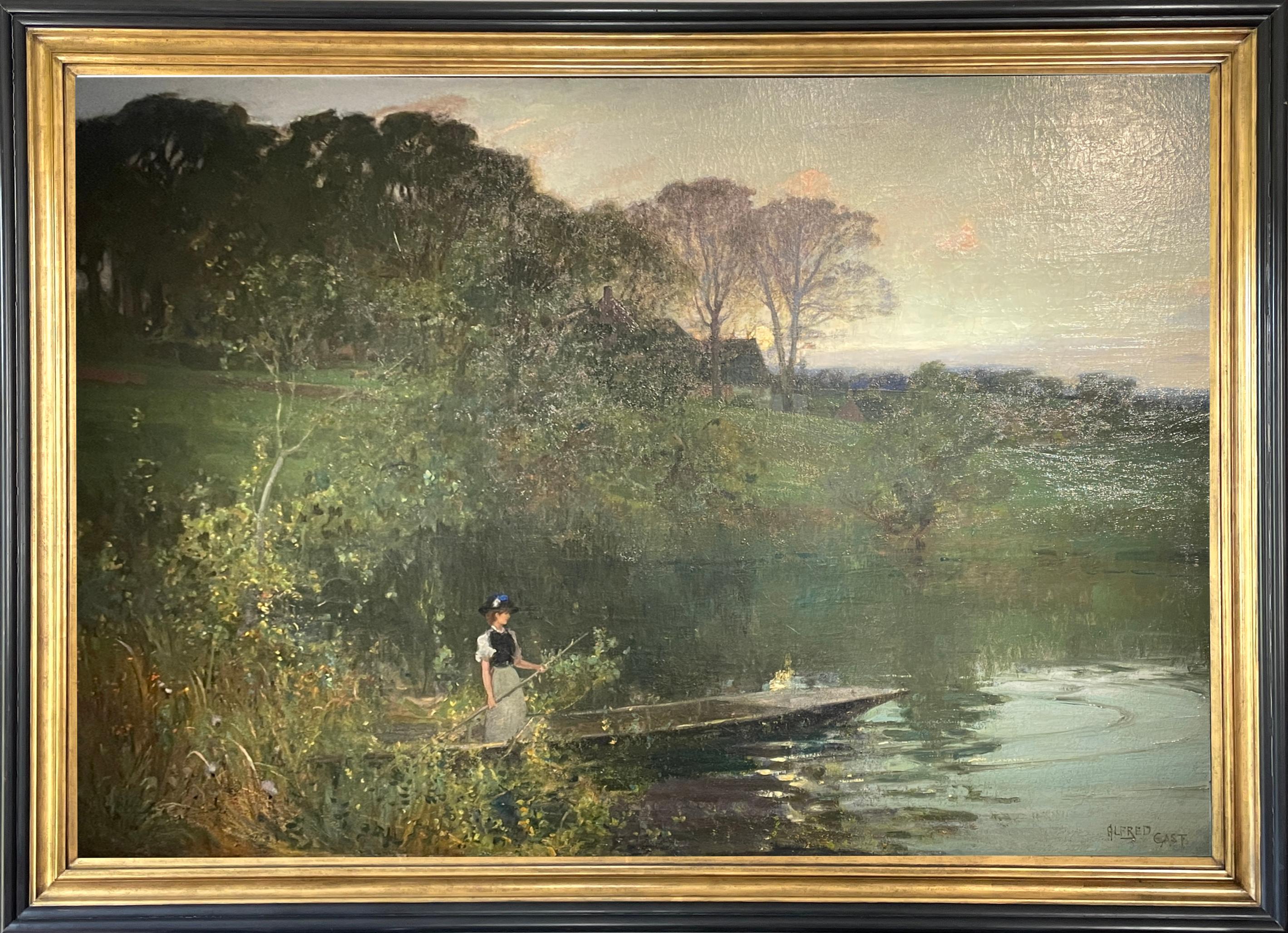 Very large oil on canvas 'Twilight on the River' by Sir Alfred East RA, RBA (1844 – 1913)
Signed by the artist.
59" x 82" overall in frame. (Main Photo taken with spotlight)

East was born in Kettering in Northamptonshire and studied at the Glasgow