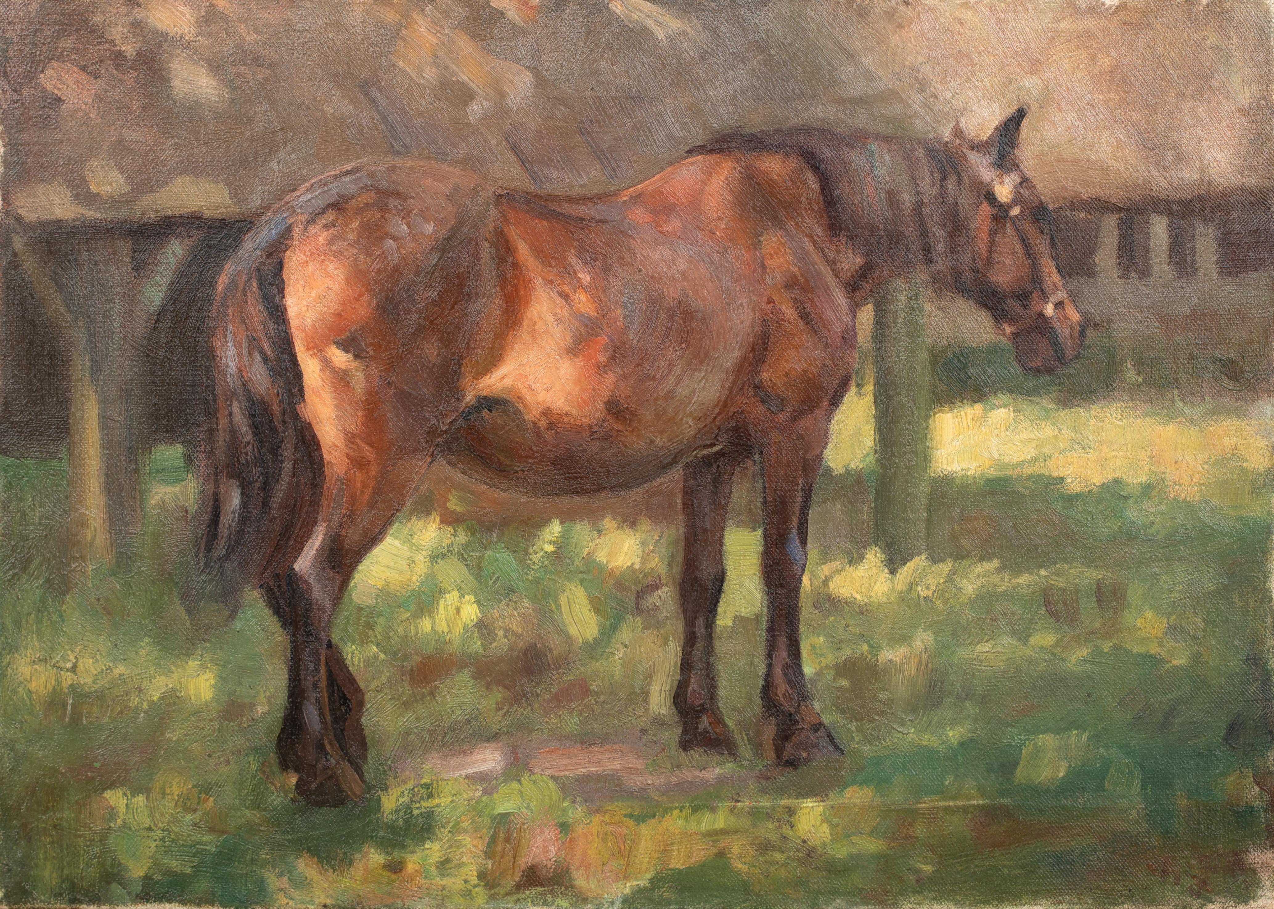 Croquis d'étude Cheval dans un pré, vers 1930  ALFRED JAMES MUNNINGS (1878-1959) - Marron Animal Painting par Sir Alfred James Munnings