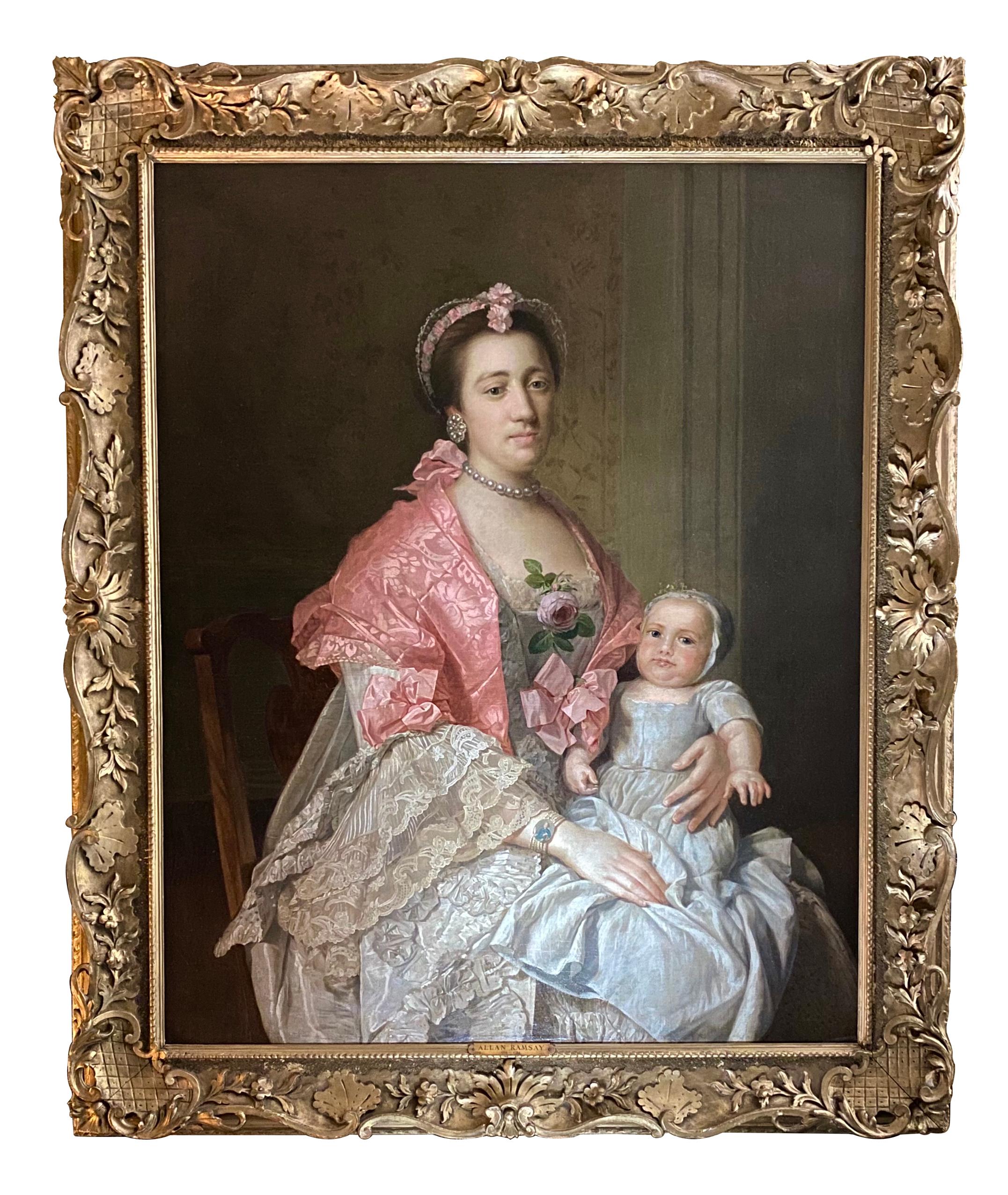Studio of Sir Allan Ramsay Interior Painting - 18th Century English Portrait of a Lady and her Child.