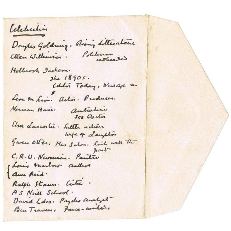 Sir Arthur Conan Doyle 1920s Original Handwritten List on Envelope In Good Condition In Jersey, GB