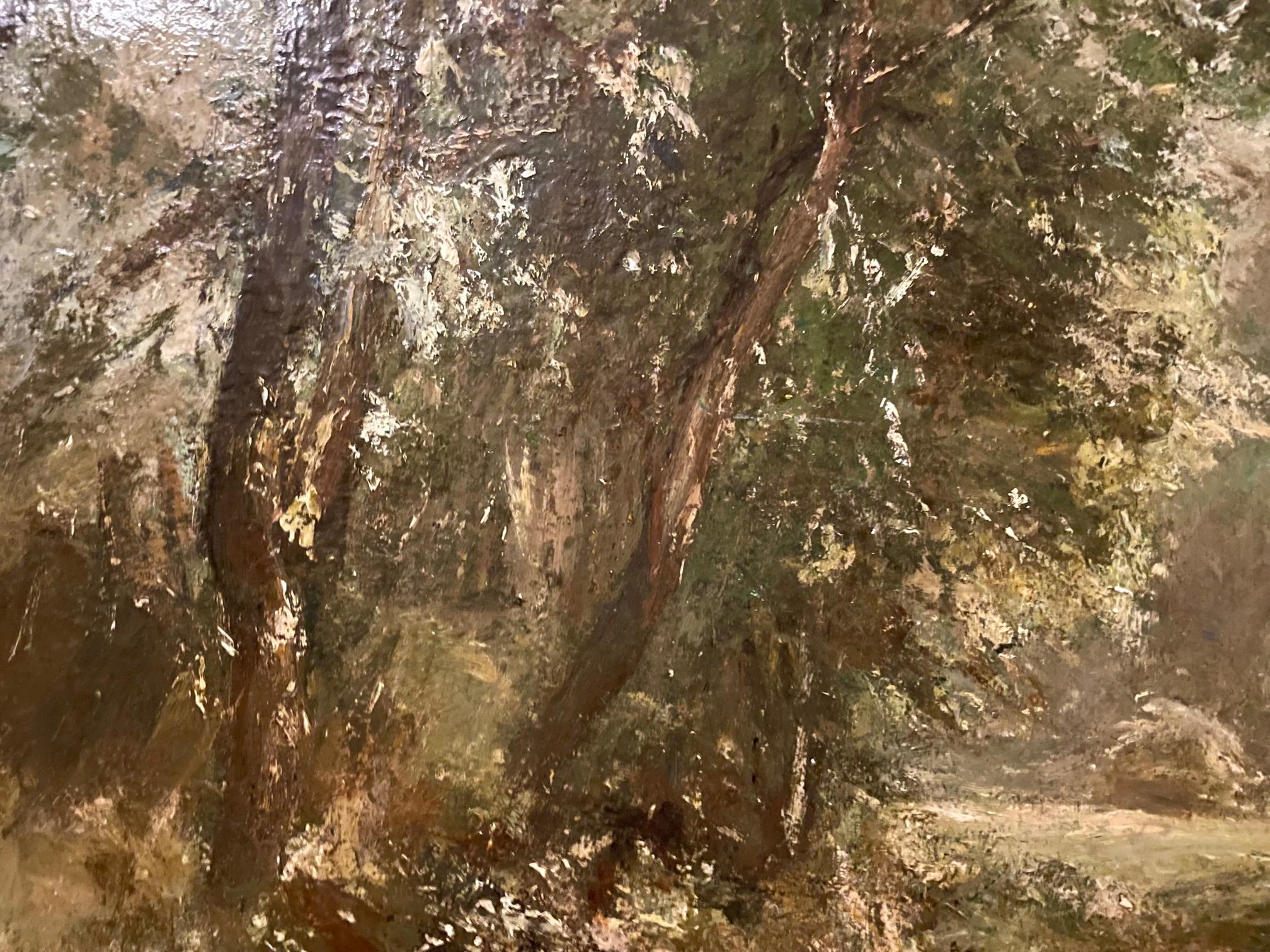 Impressionist oil painting of arching trees, titled 'Path Through Willow Trees, Summer' is by Sir James Lawton Wingate (1846-1924), President of the Royal Scottish Academy and knighted for his contribution to art.  Known for landscapes, Wingate