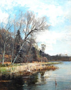 Swans Nest Landscape - British Victorian Impressionist art exhib oil painting