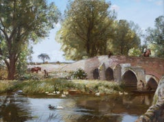 Peinture à l'huile de paysage du 19e siècle représentant un pont sur une rivière