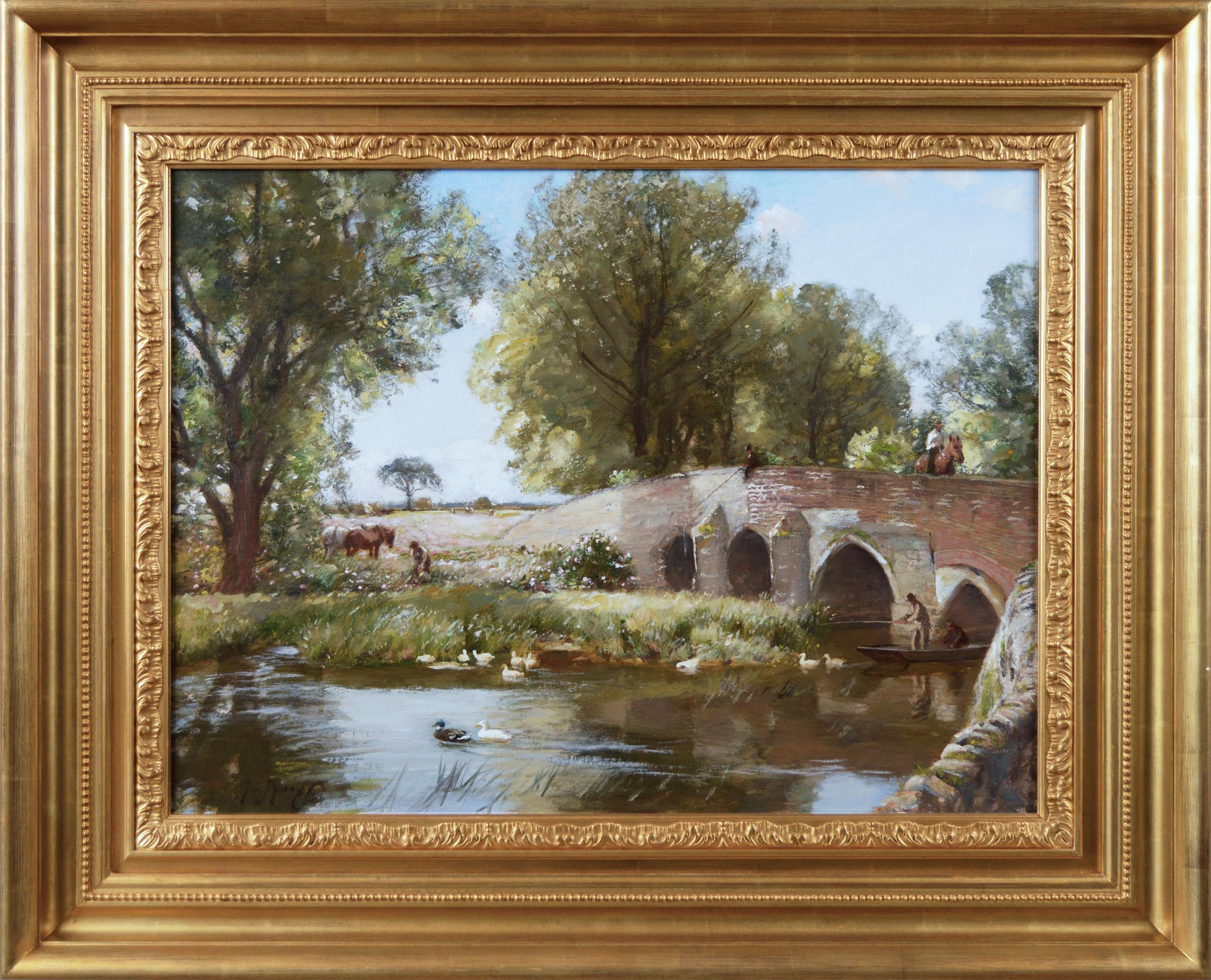 19th Century landscape oil painting of a bridge over a river