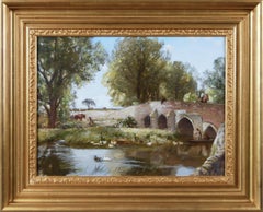 Antique 19th Century landscape oil painting of a bridge over a river