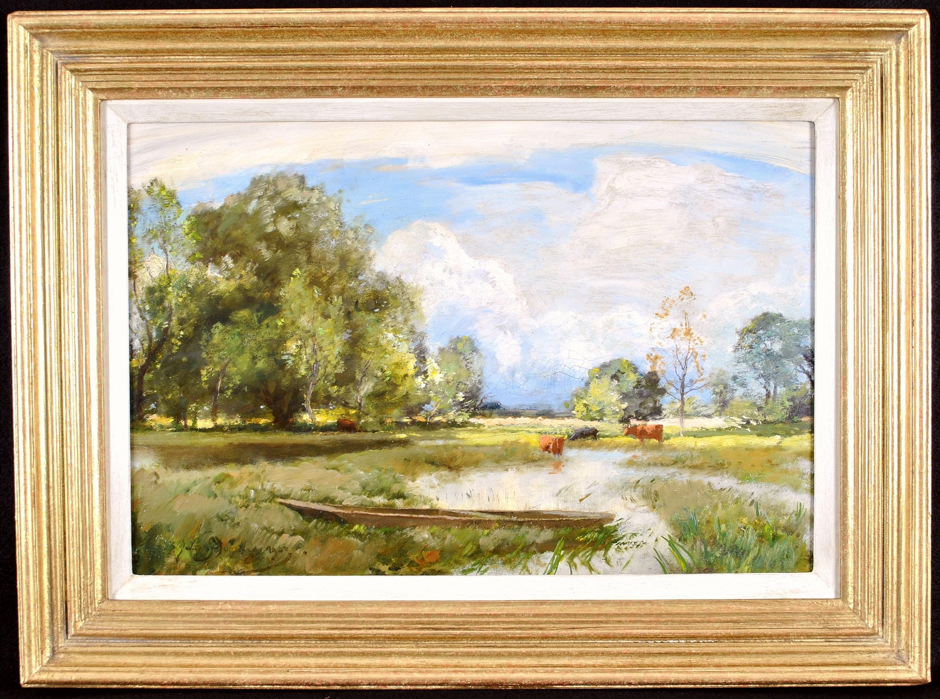 Antikes Ölgemälde „Kattle in a Meadow“ – schottische impressionistische Landschaft