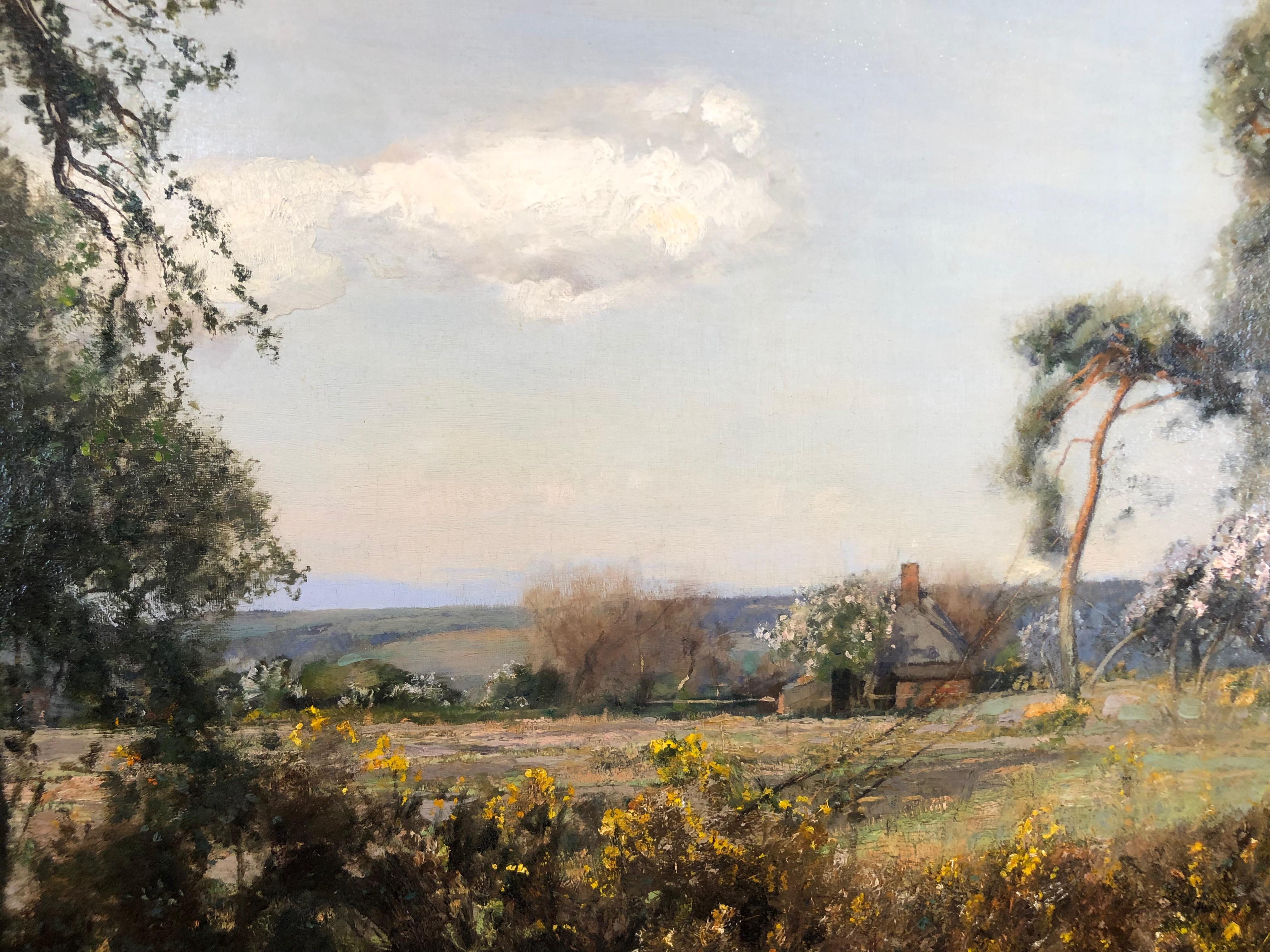 Sir David Murray was and still is a highly fashionable Scottish landscape painter, and was a leading member of the Royal Academy. His works often likened to those of Constable.
This painting has an air of spring with the light greens and the