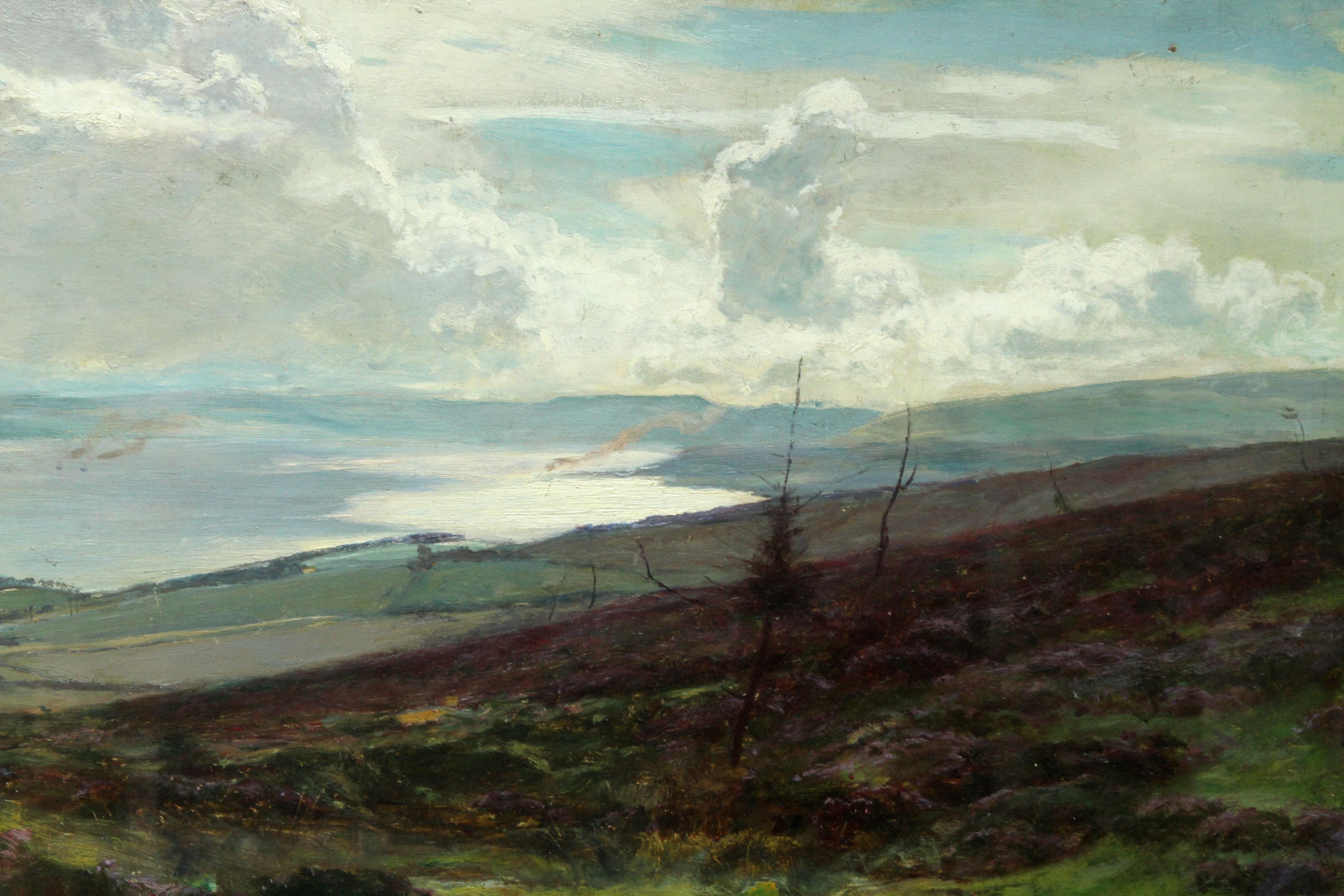 This stunning exhibited Victorian panoramic Scottish landscape is by noted Scottish artist Sir David Murray. It was painted and exhibited in 1881 at the Royal Scottish Academy No. 514 'The Clyde from Darleith Moor above Cardross'. A man with three