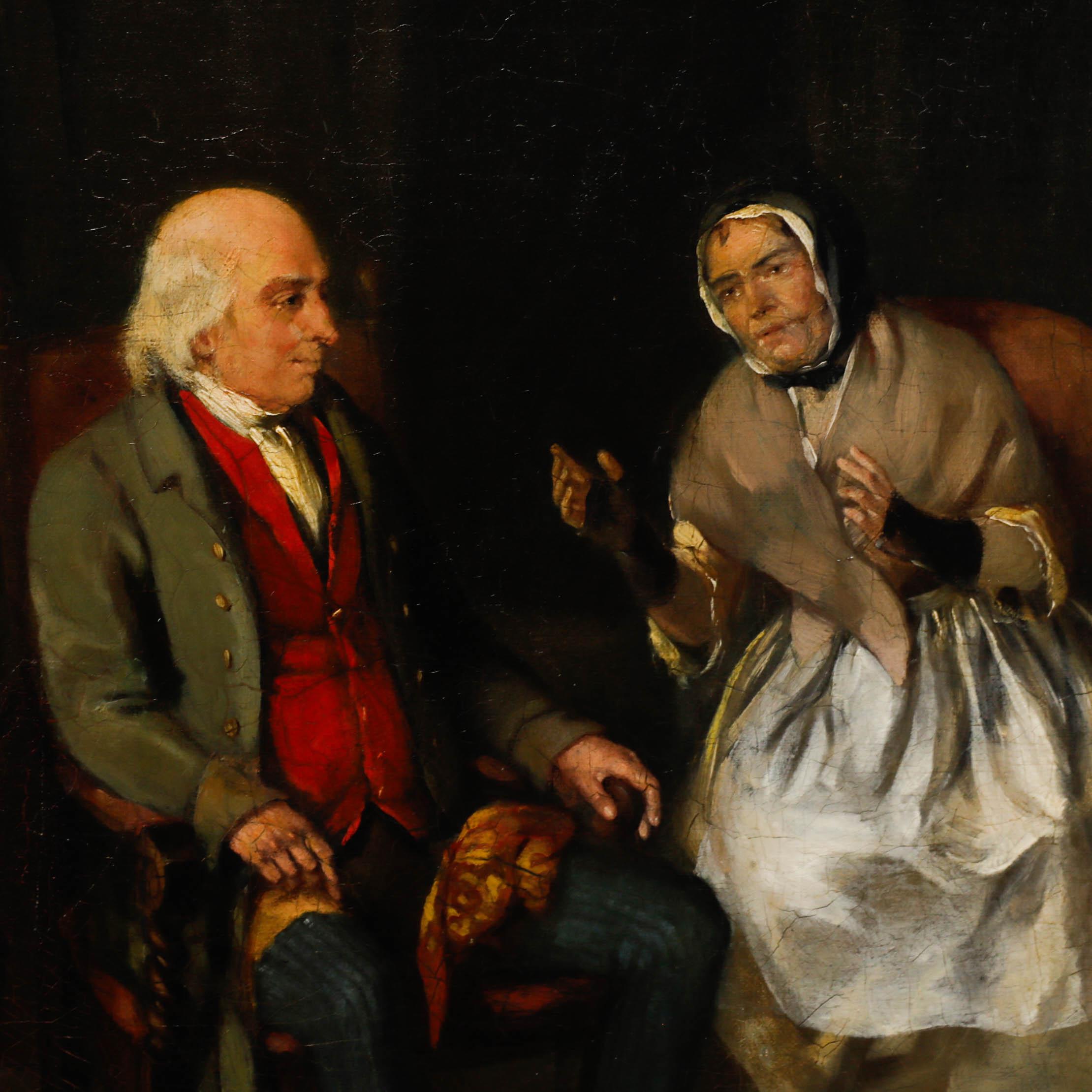 Cette peinture de genre intimiste représente une scène d'intérieur domestique avec deux personnages engagés dans une conversation près d'une cheminée. Le cadre doré orné met en valeur les tons chauds de l'œuvre d'art et l'attention portée aux