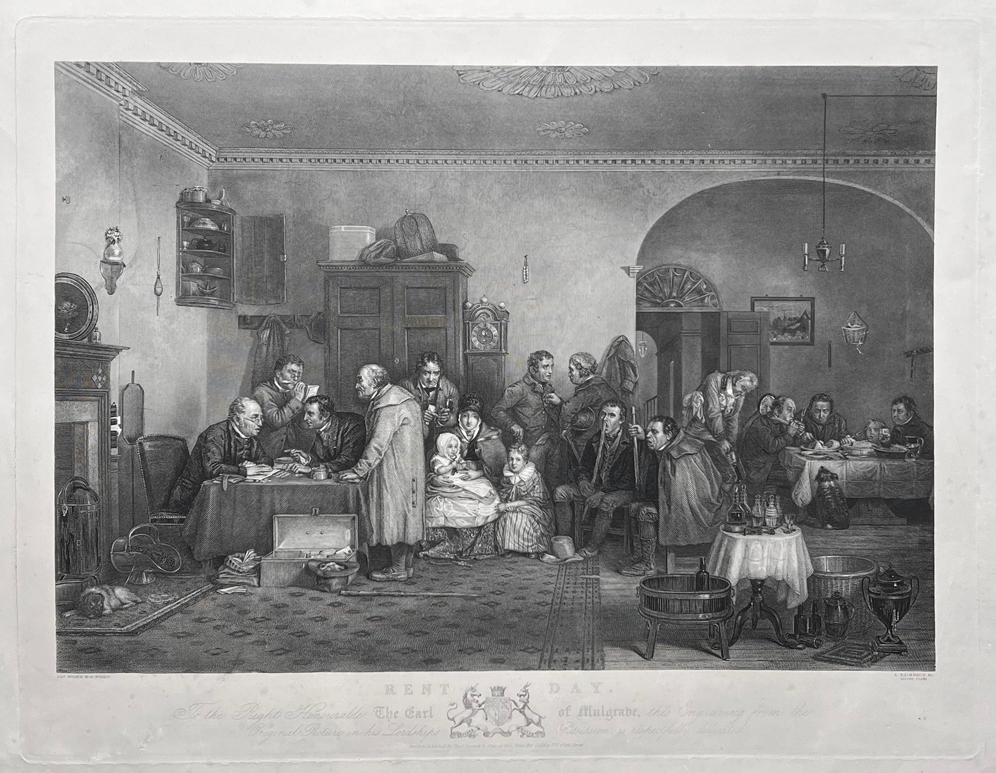 Rent Day, grabado antiguo inglés según Sir David Wilkie