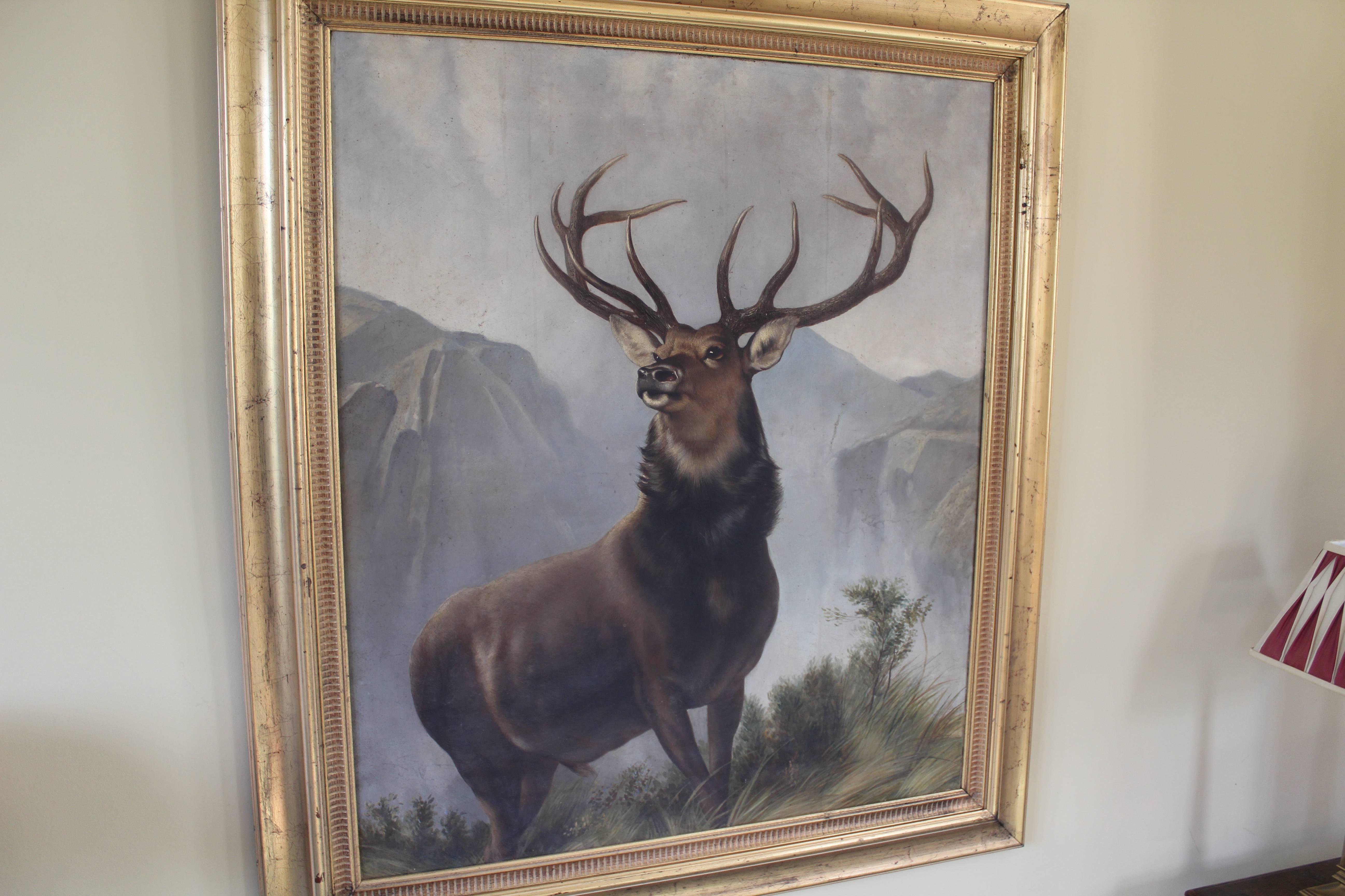A fairly large antique victorian oil painting on canvas by a follower or of the circle of Edwin Henry Landseer painted in the late 19th century circa 1895 of a large portrait of Stag on a Scottish landscape . This extremely impressive genuine